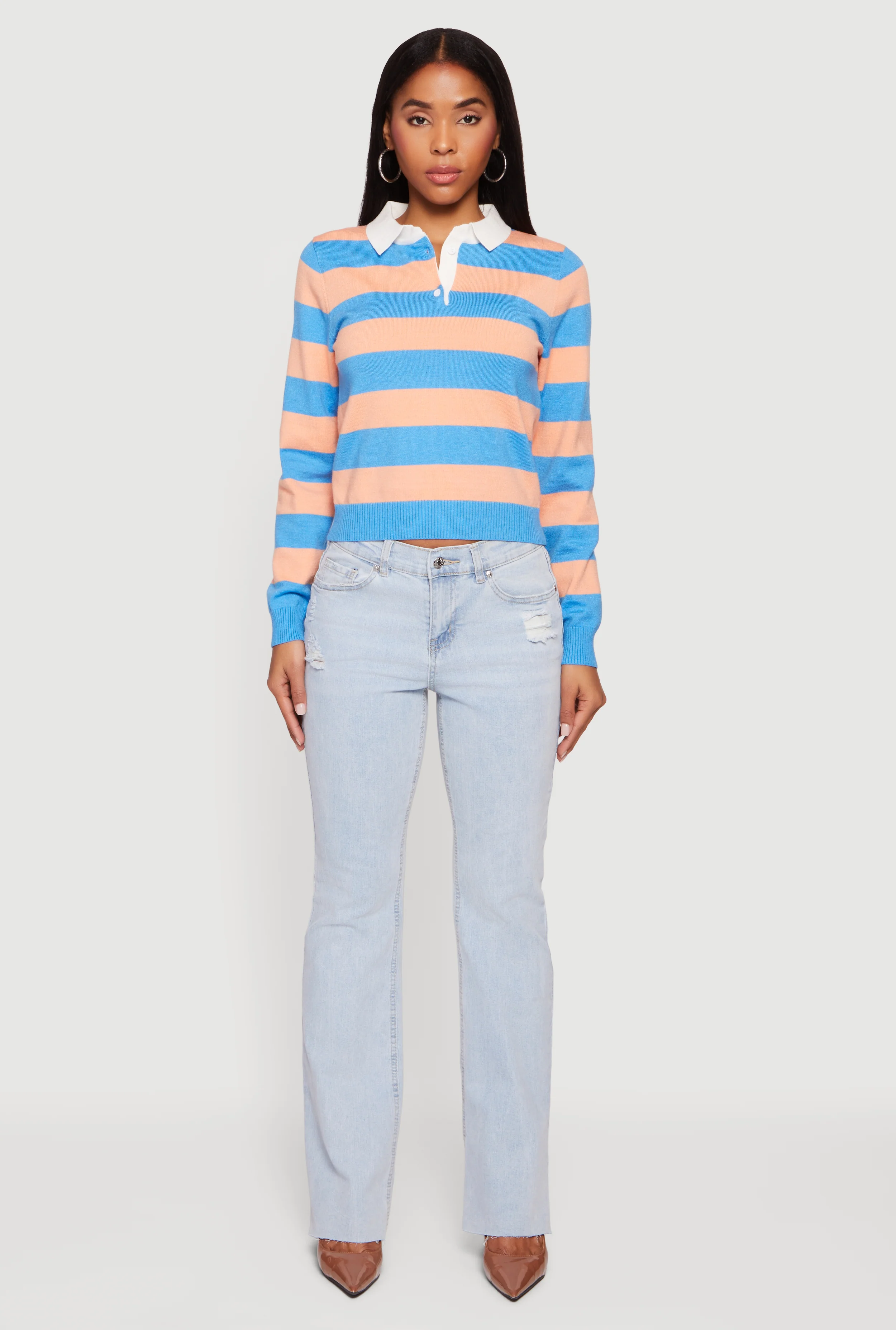 Striped Long Sleeve Polo Sweater