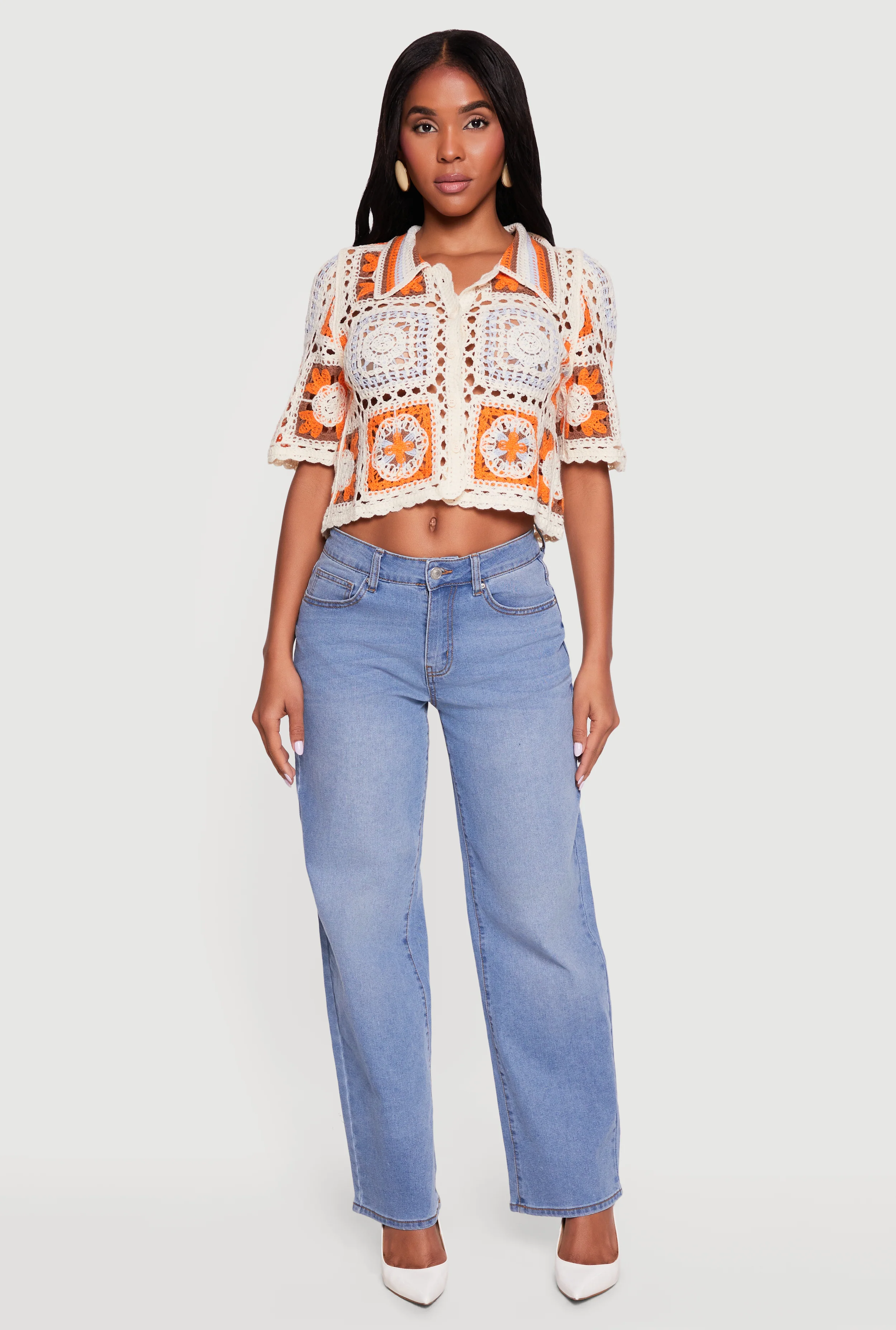 Scallop Trim Button Front Crochet Top