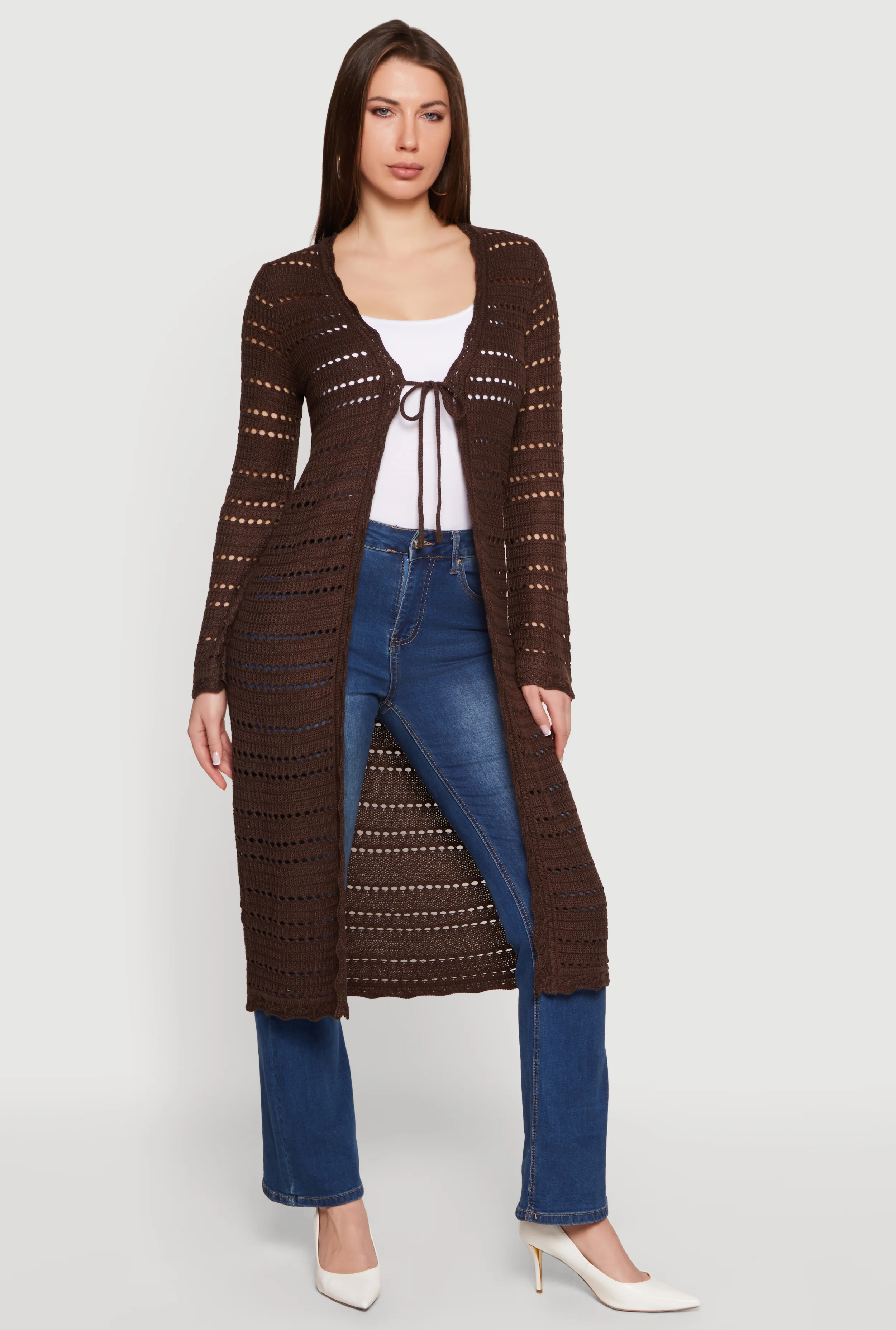 Tie Front Pointelle Long Cardigan