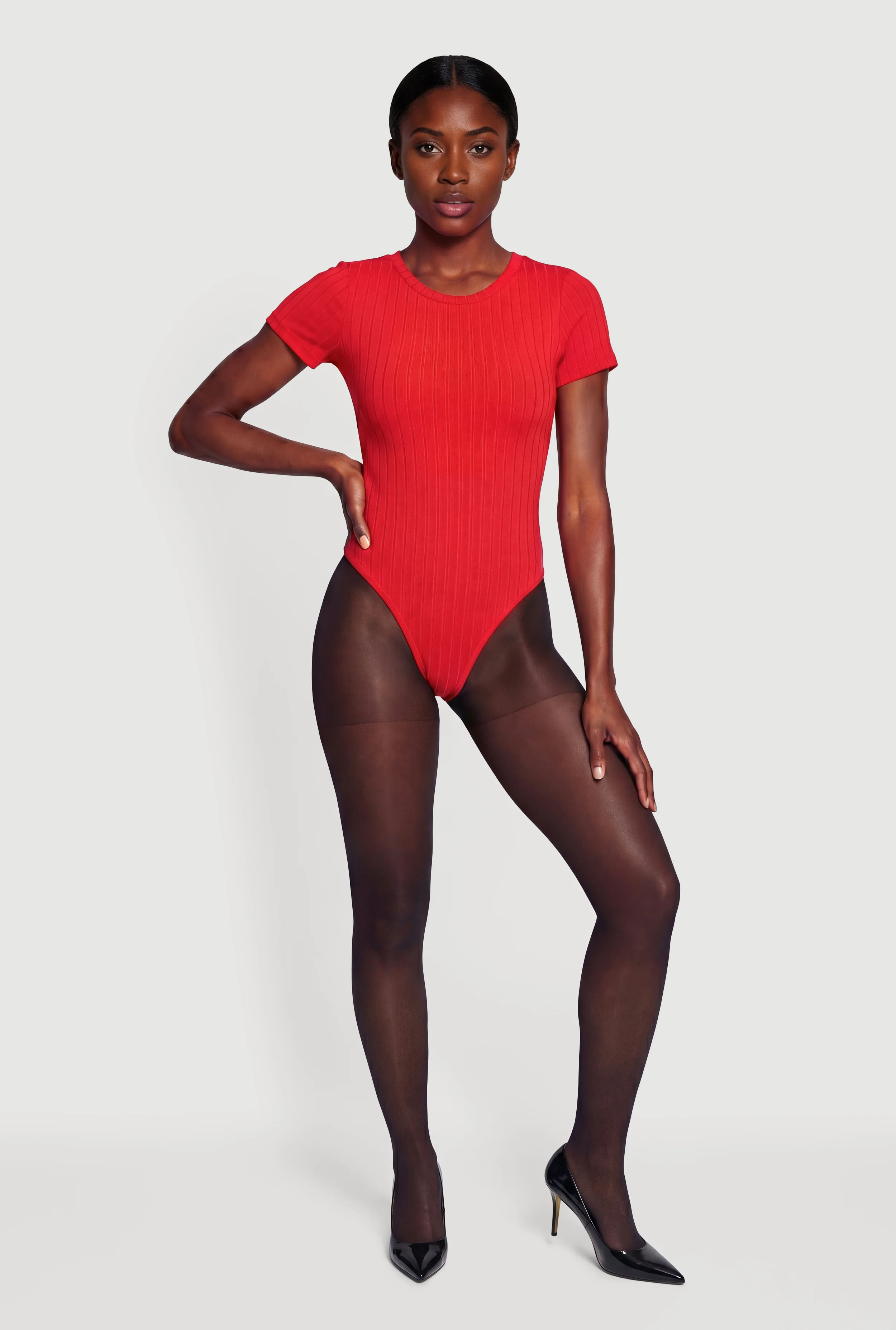 Ribbed Knit Solid Crew Neck Bodysuit