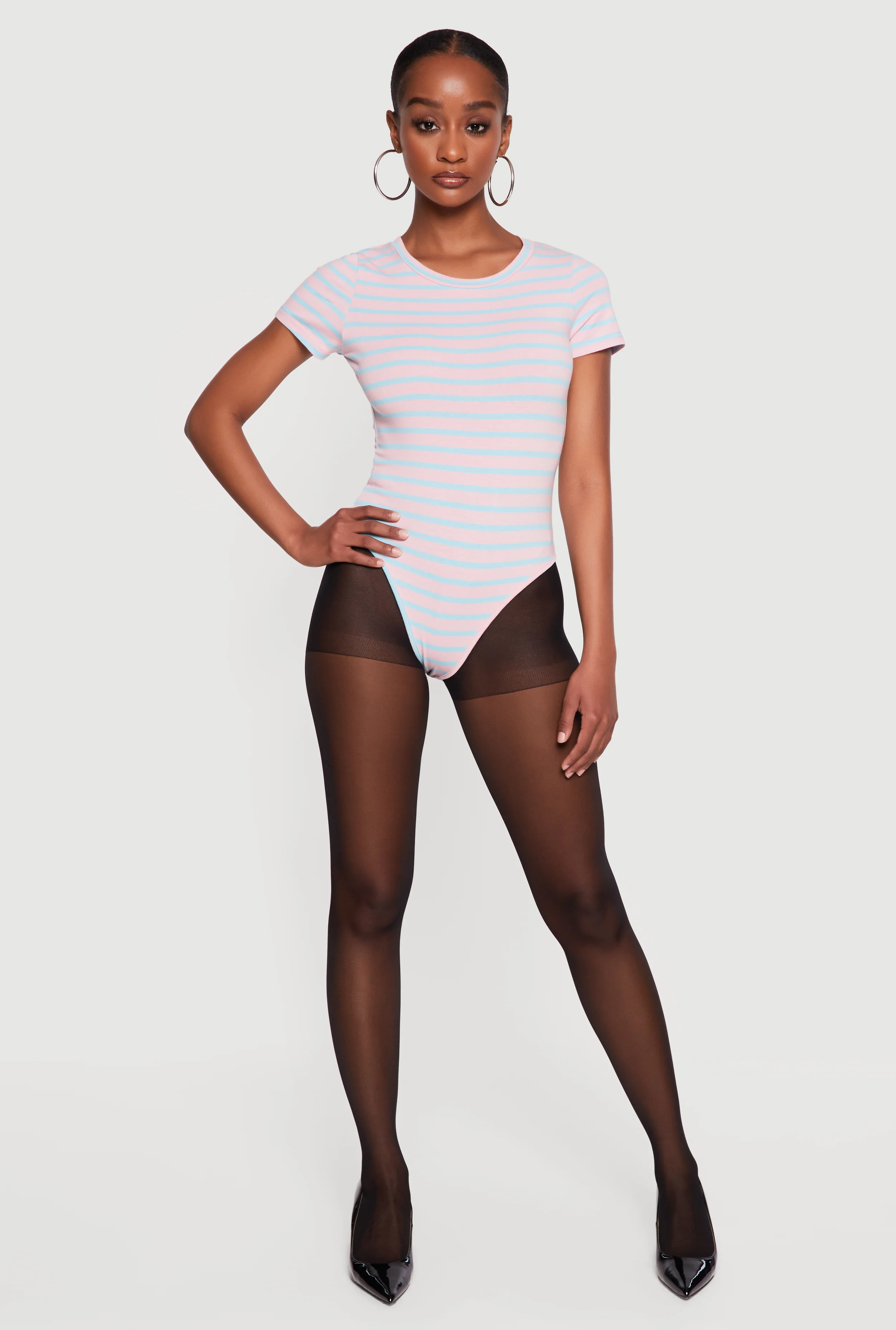 Striped Short Sleeve Crew Neck Bodysuit