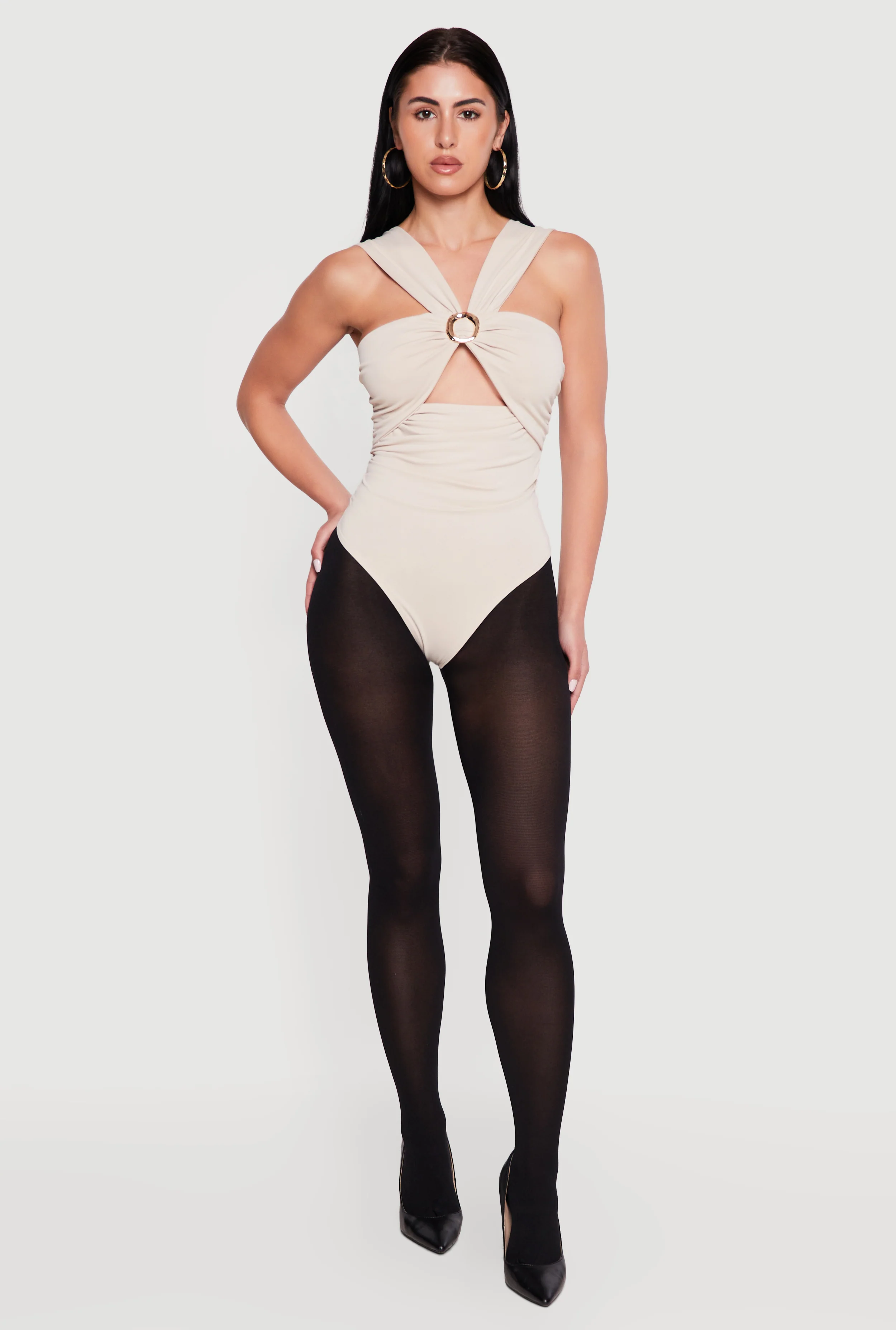 Metallic O Ring Detail Side Ruched Bodysuit