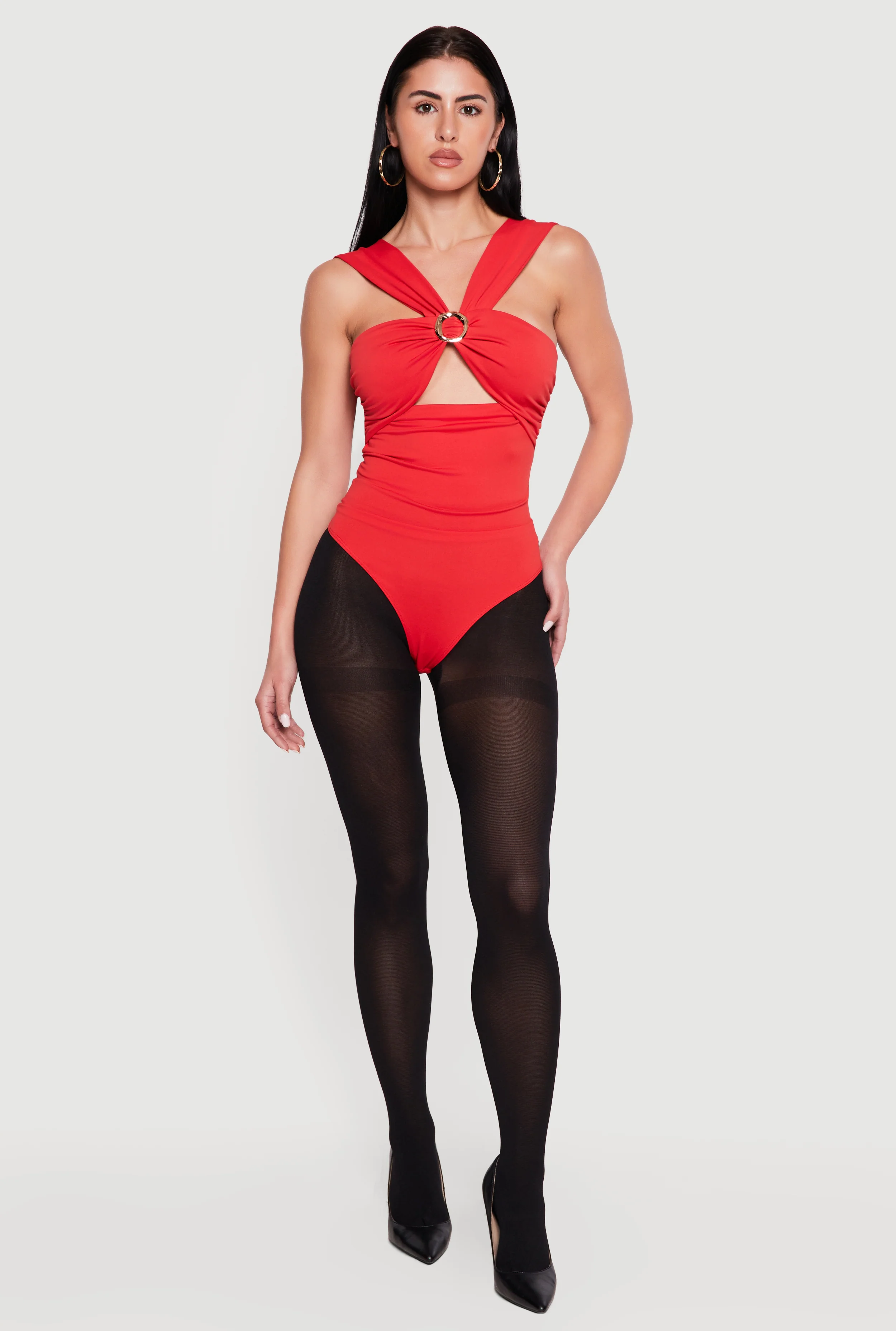 Metallic O Ring Detail Side Ruched Bodysuit