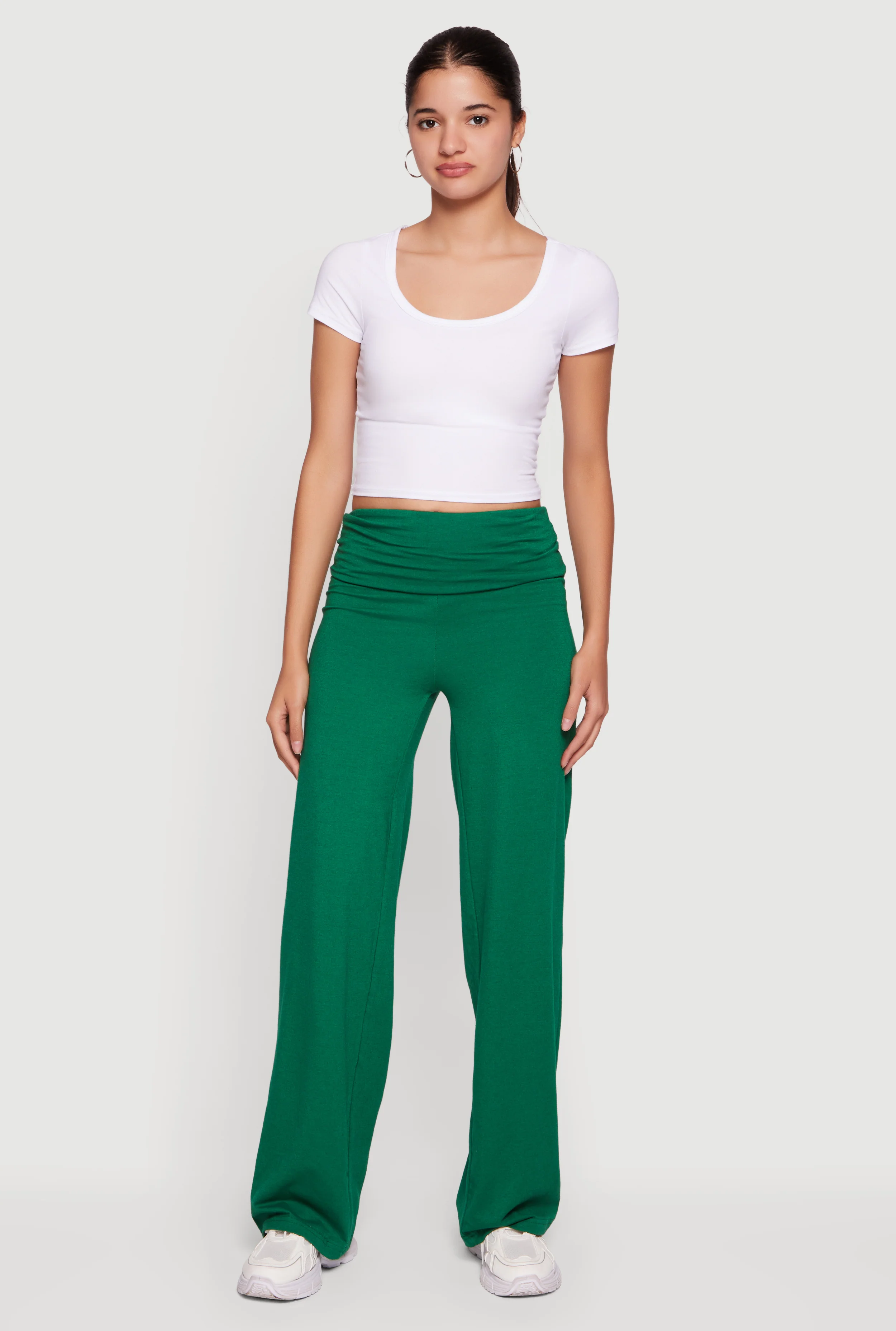 Ruched Fold Over High Waisted Wide Leg Pull On Pants
