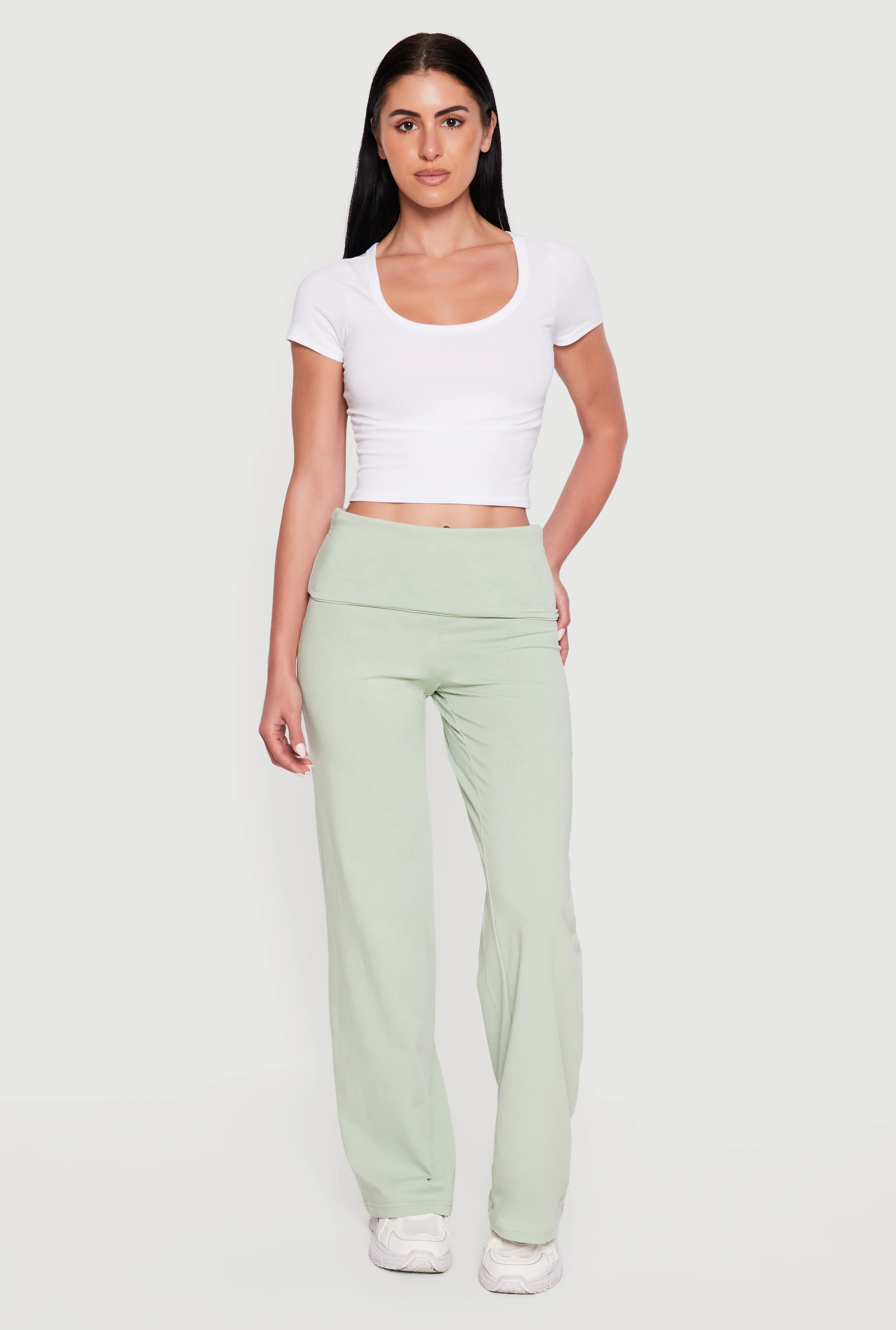 Ruched Fold Over High Waisted Wide Leg Pull On Pants