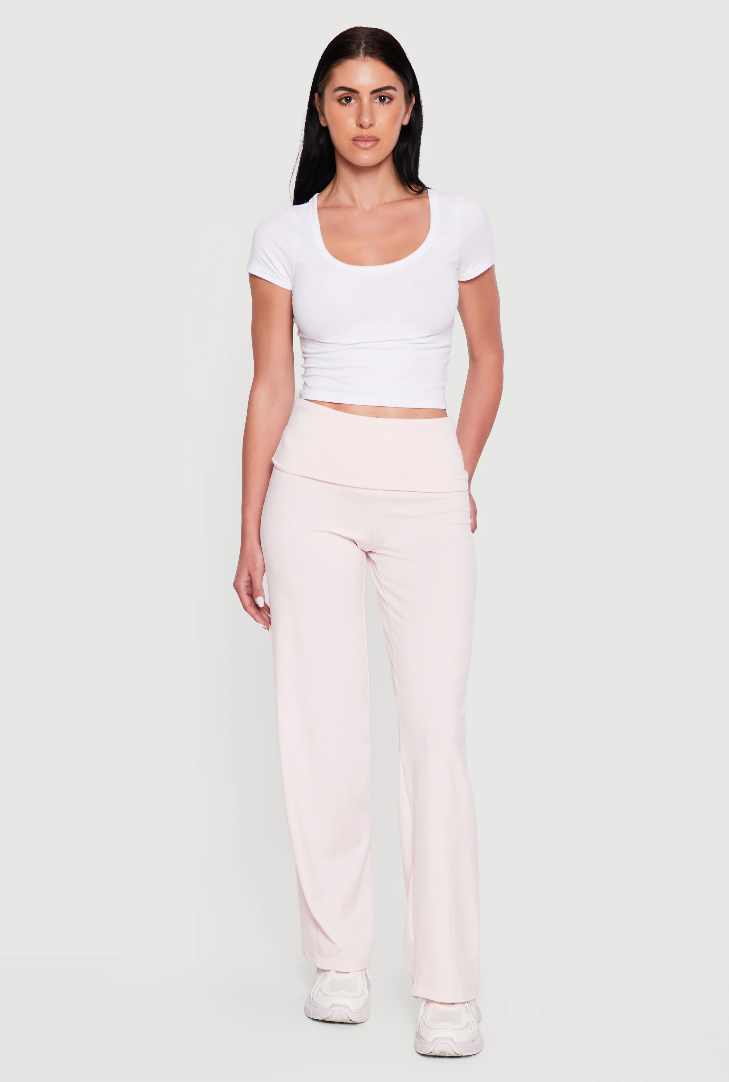 Ruched Fold Over High Waisted Wide Leg Pull On Pants