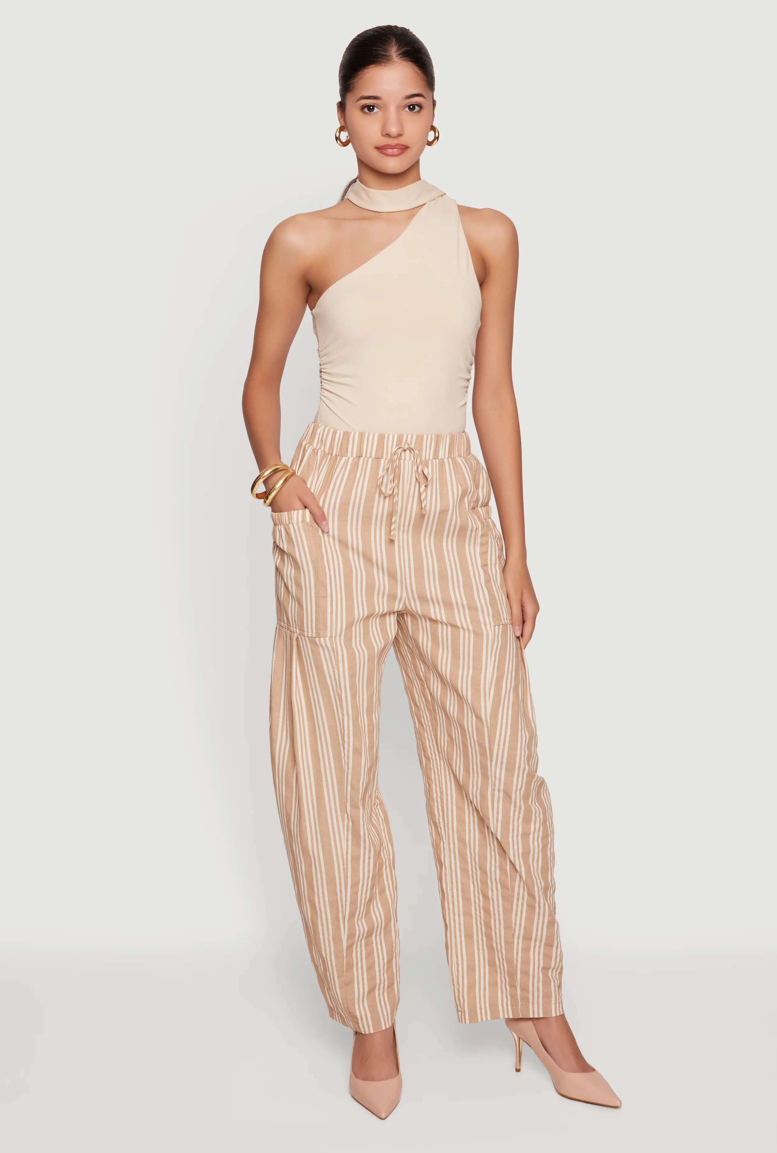 High Waisted Linen Striped Pants with Side Pockets