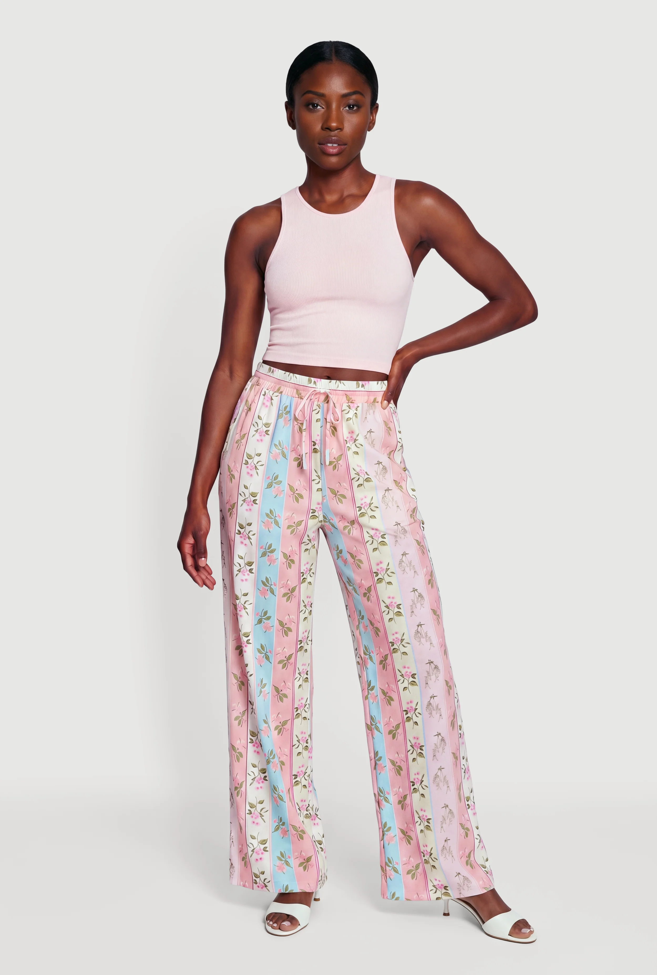 Striped Floral Print Wide Leg Casual Pants