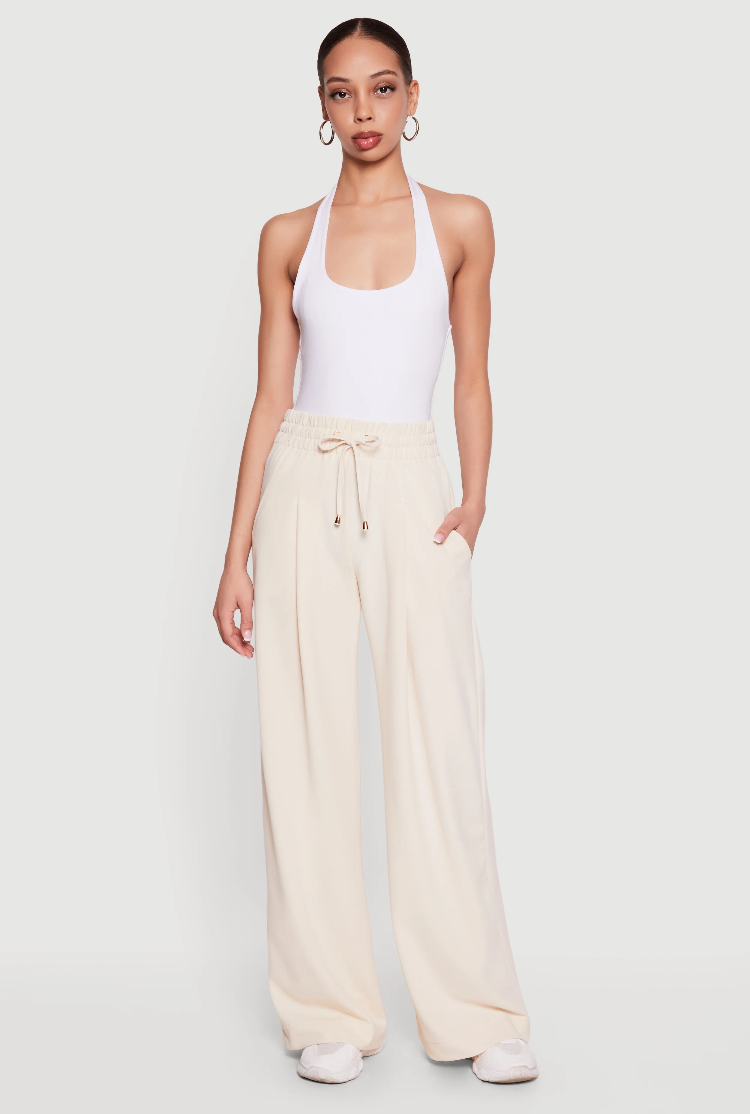 Crepe Knit Wide Leg Drawstring Waist Casual Pants