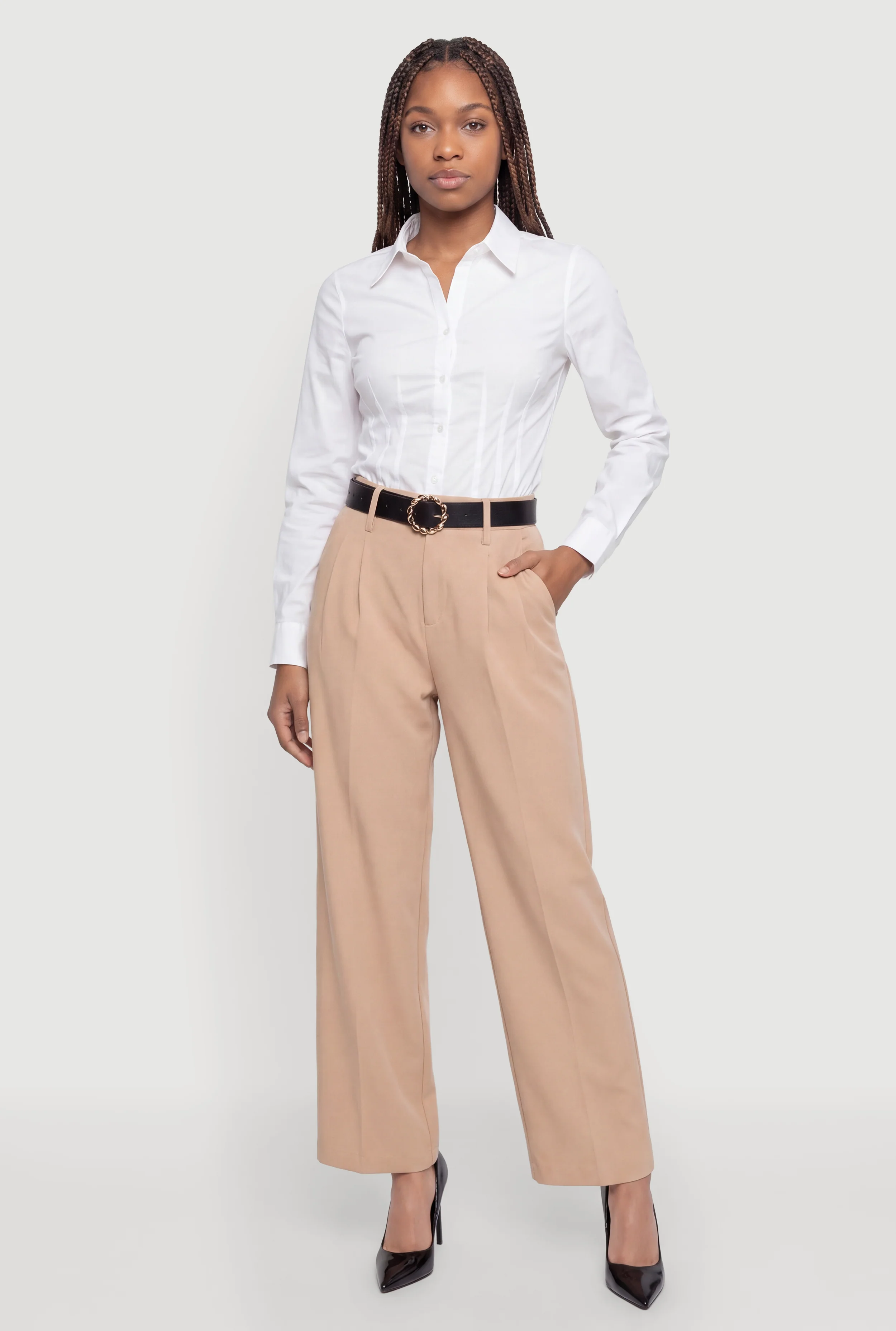 High Waisted Wide Leg Pleated Dress Pants with Belt