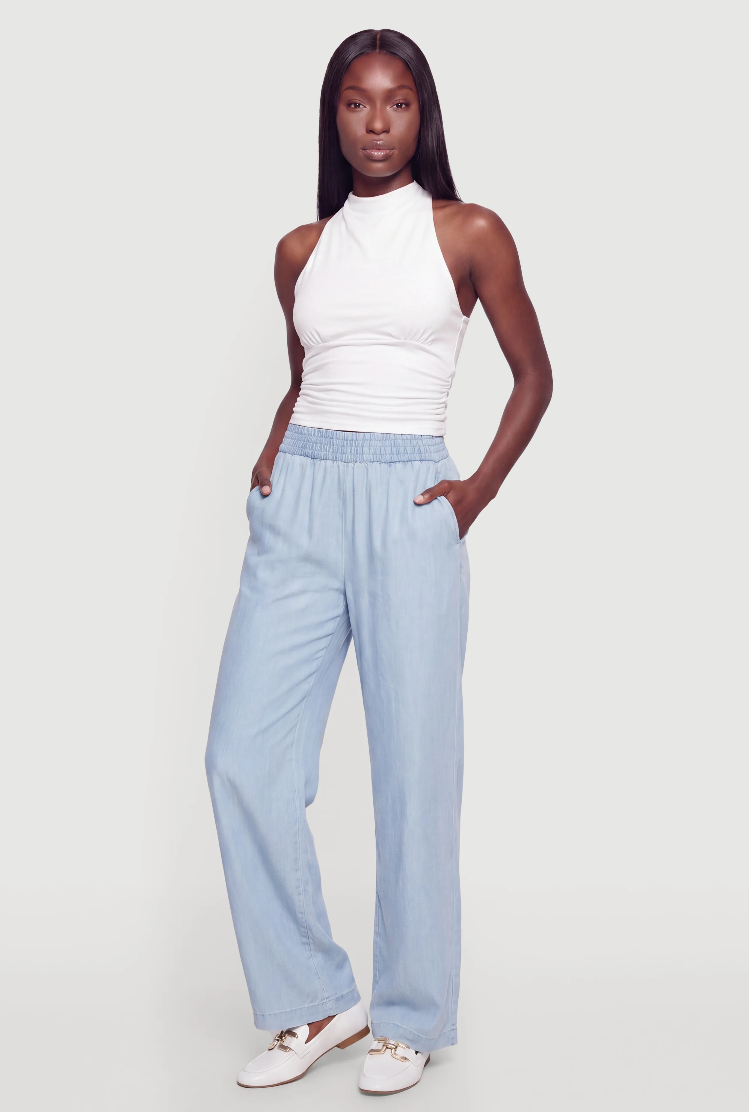 Smocked High Waisted Wide Leg Casual Pants