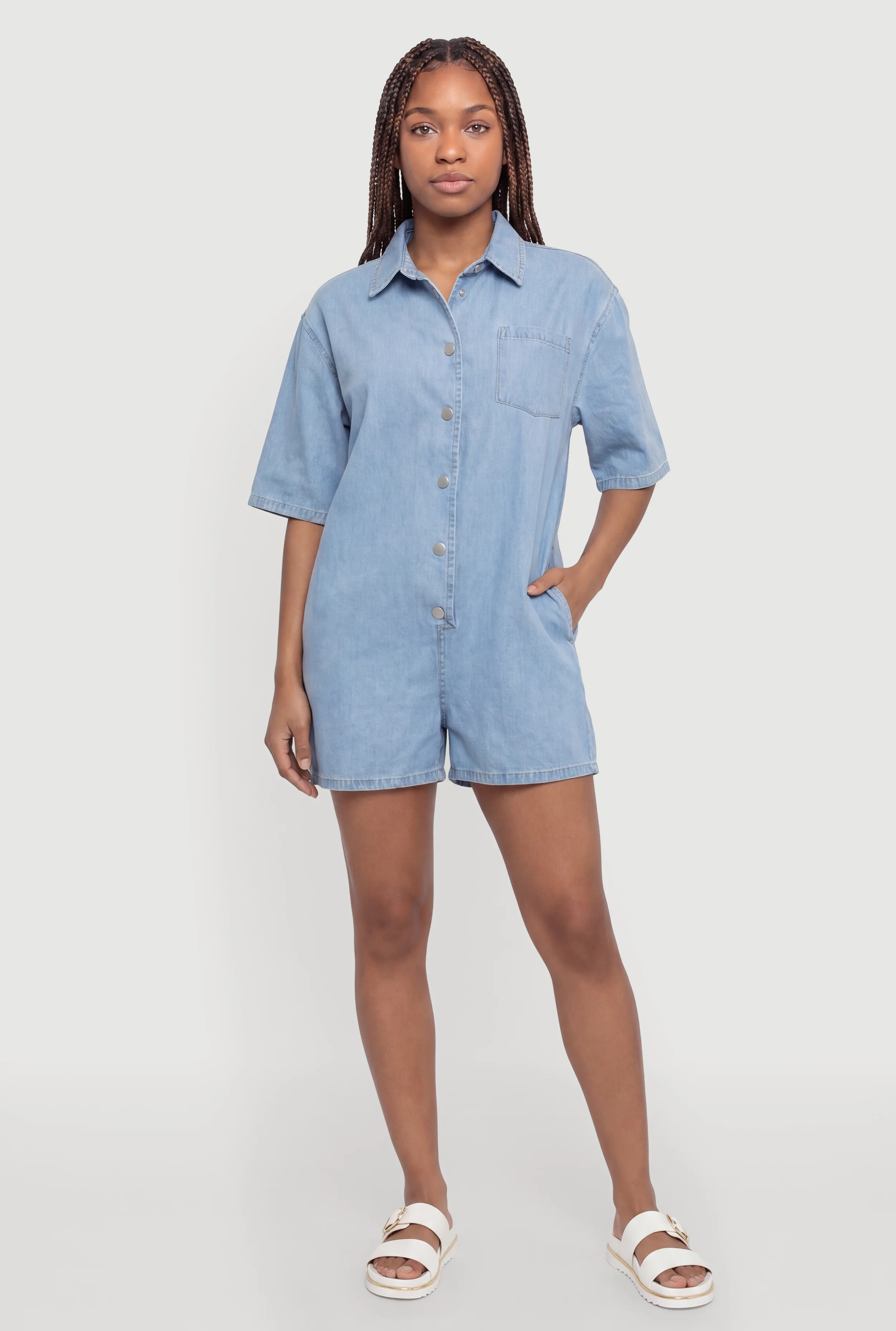 Short Sleeve Pocket Denim Romper