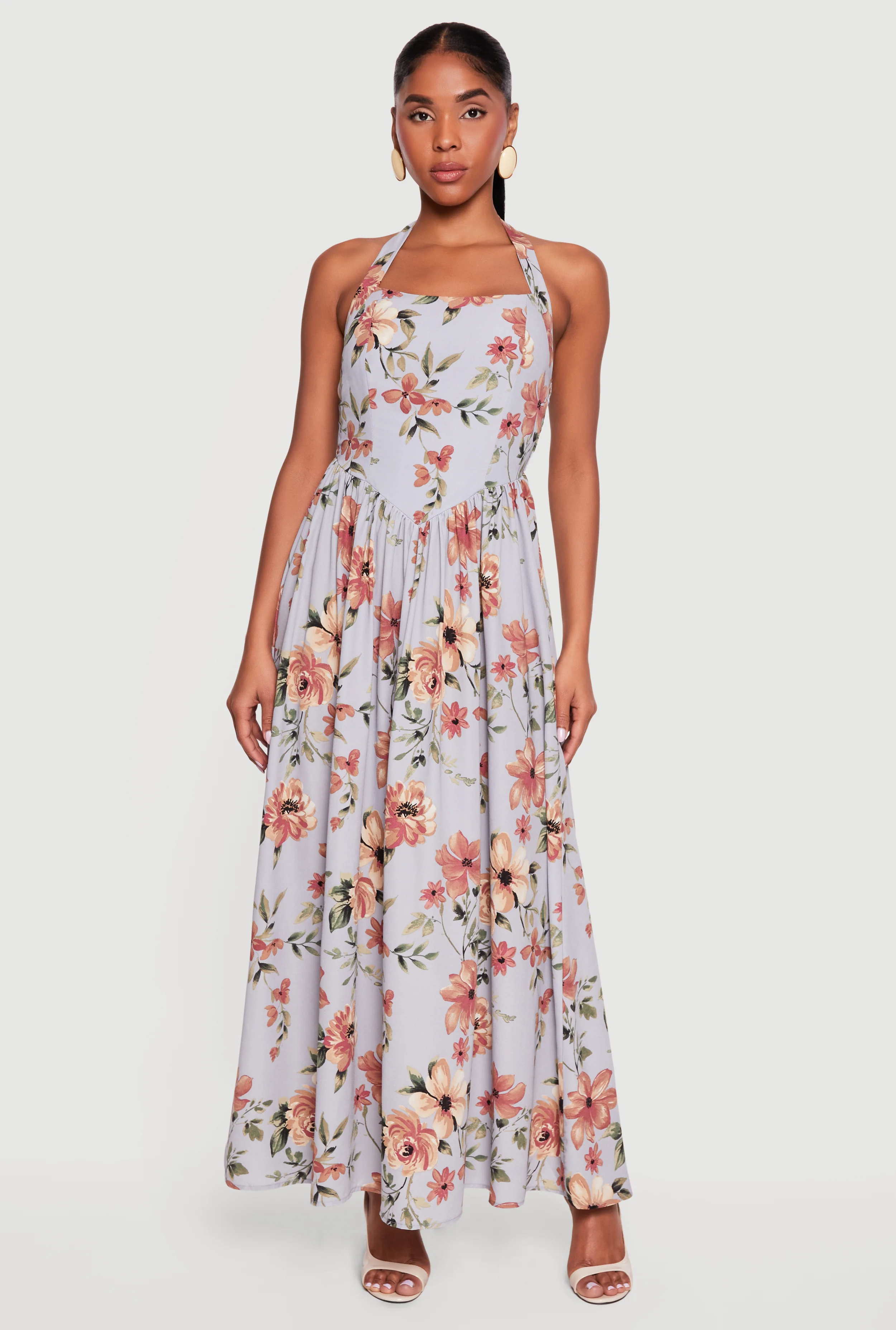 Floral Print Smocked Back Halter Maxi Dress