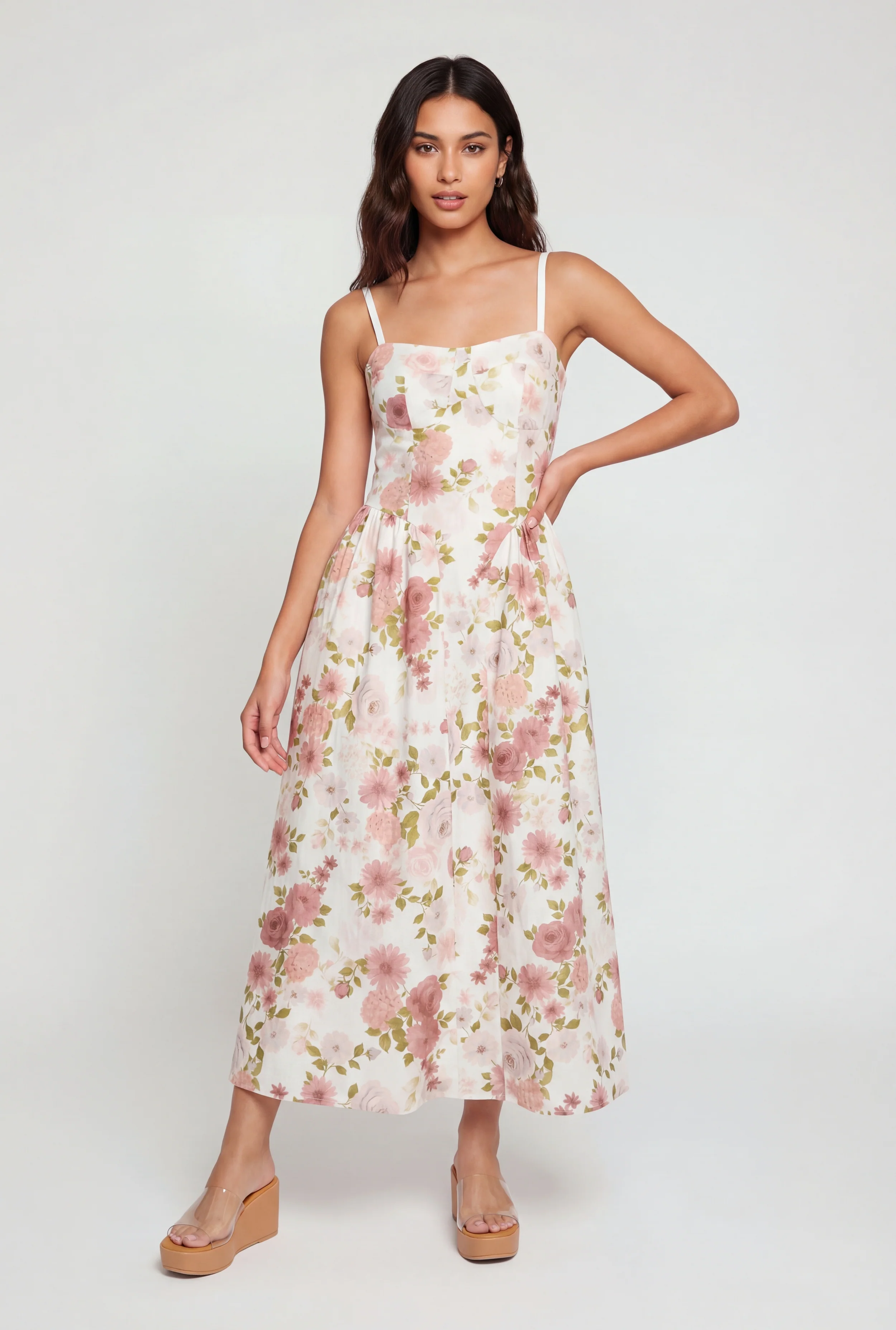 Floral Print Zip Back Ruched Detail Midi Dress
