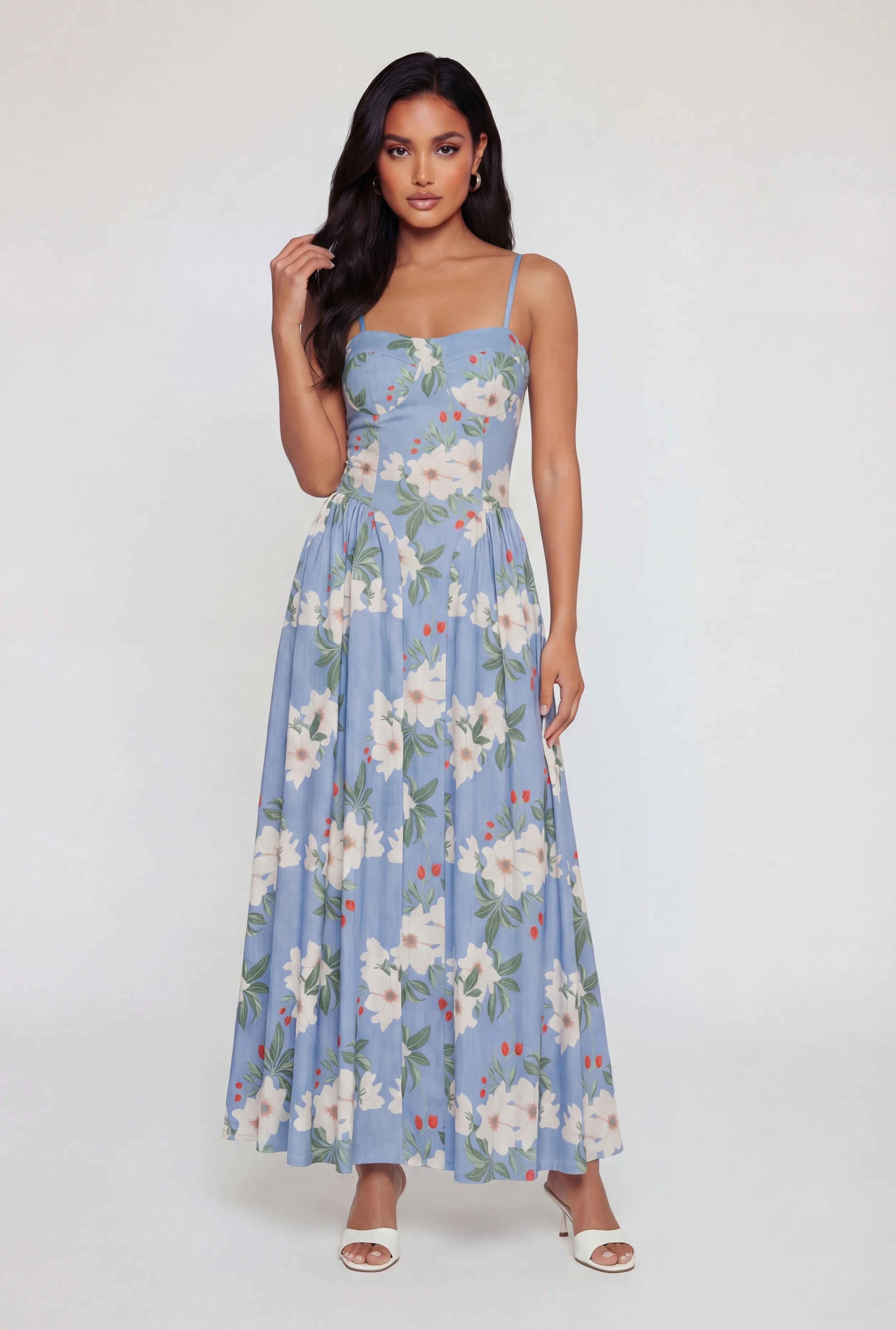 Floral Print Zip Back Ruched Detail Midi Dress