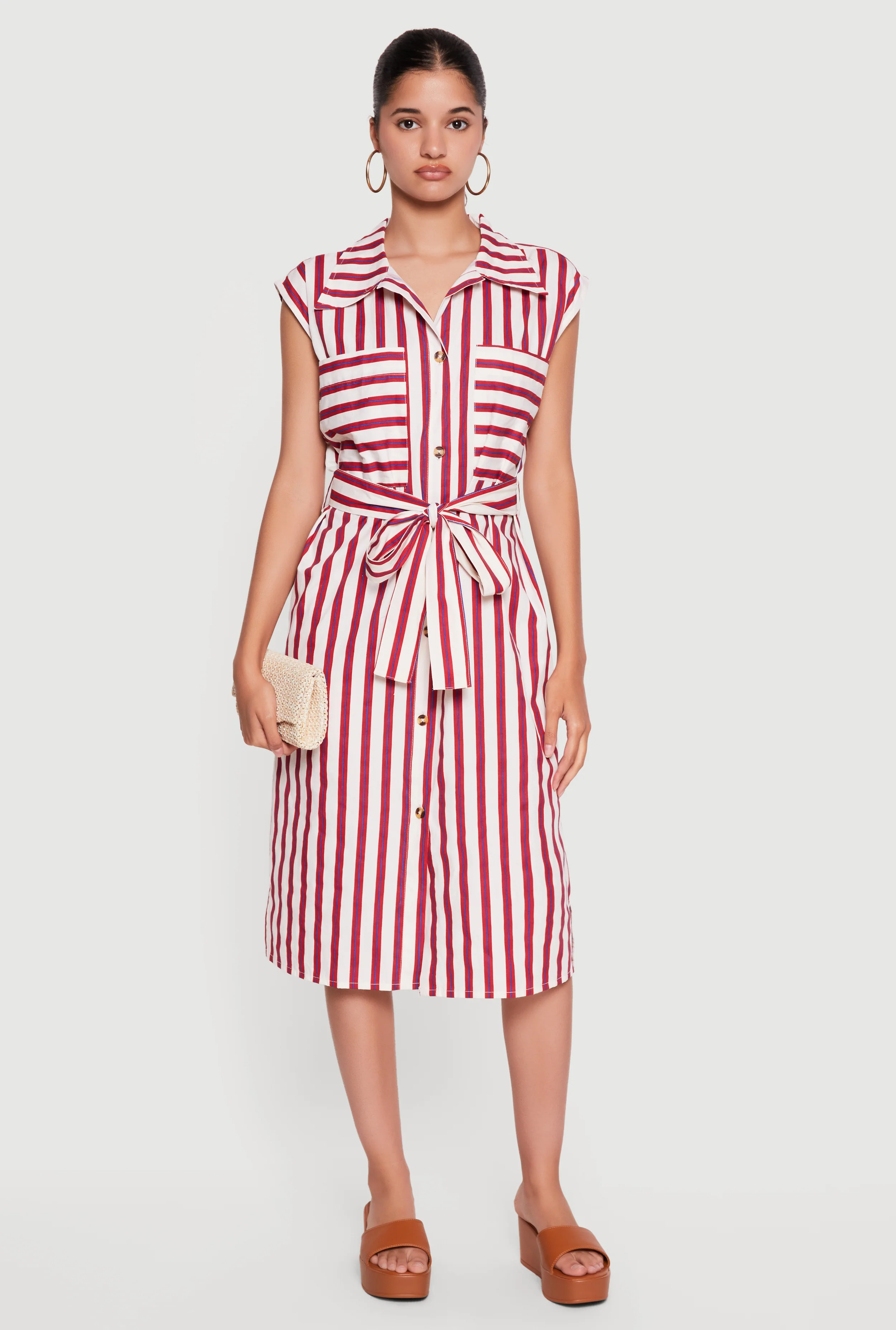 Striped Midi Shirt Dress with Tie Waist Belt
