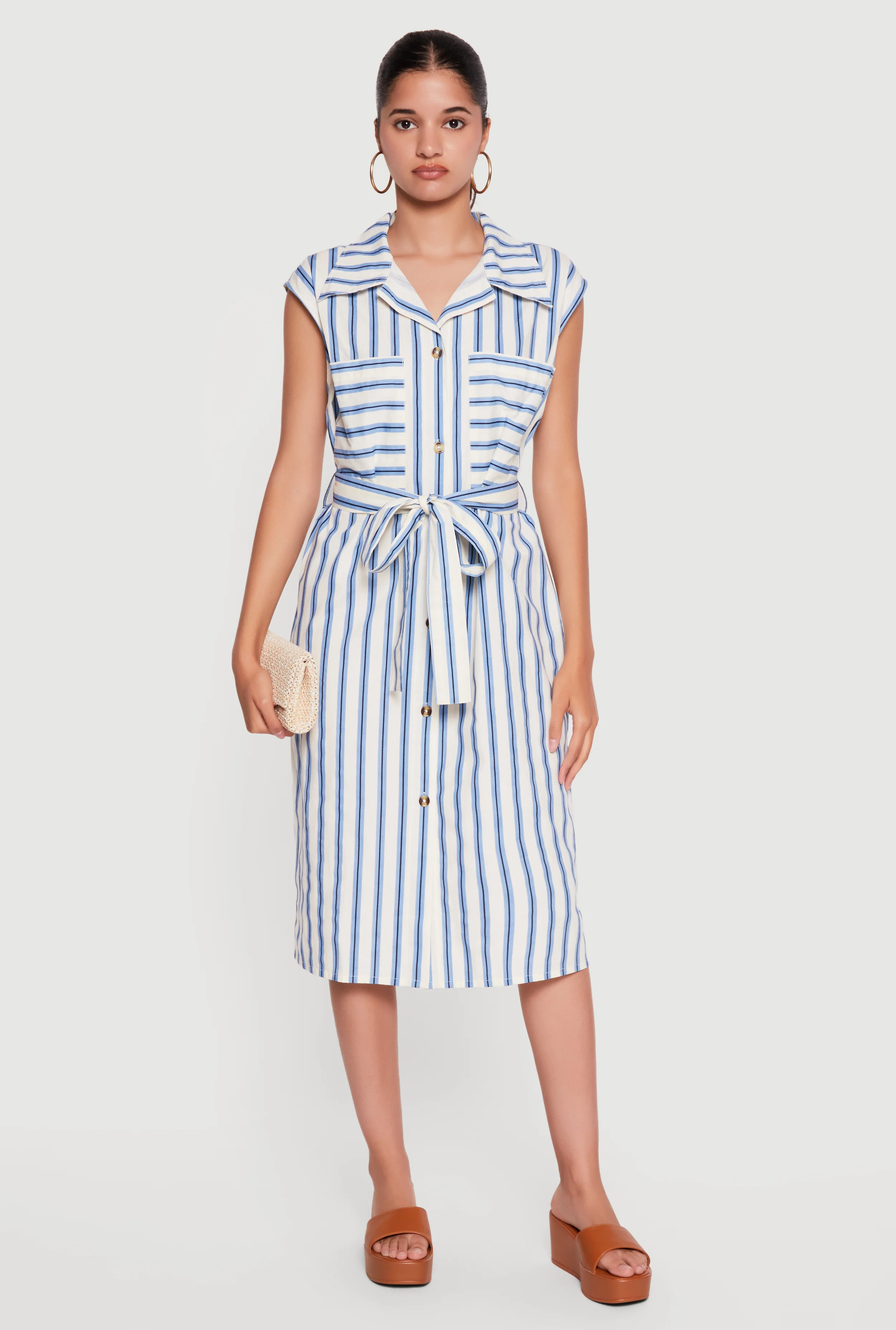 Striped Midi Shirt Dress with Tie Waist Belt