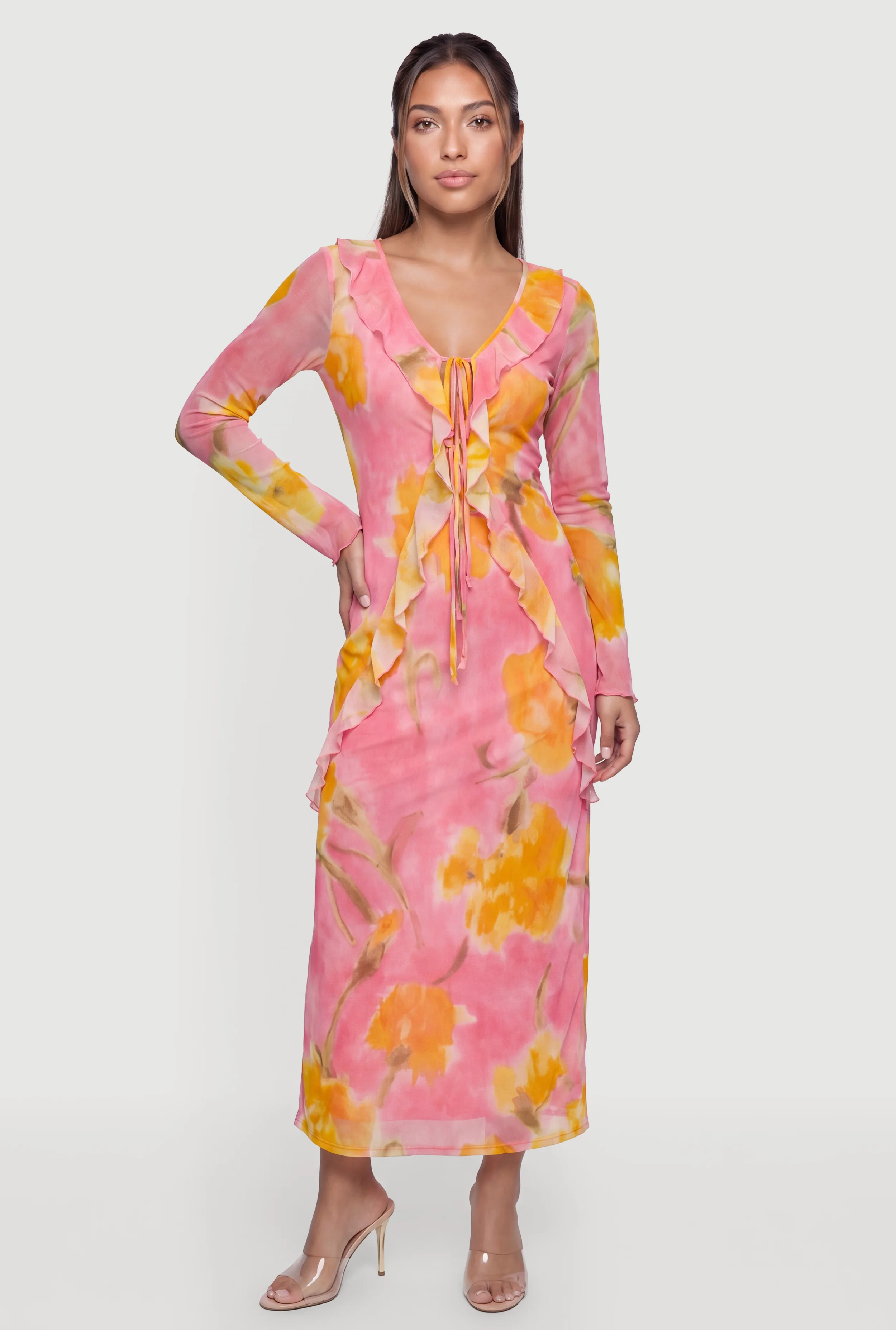 Floral Mesh Tie Front Maxi Dress