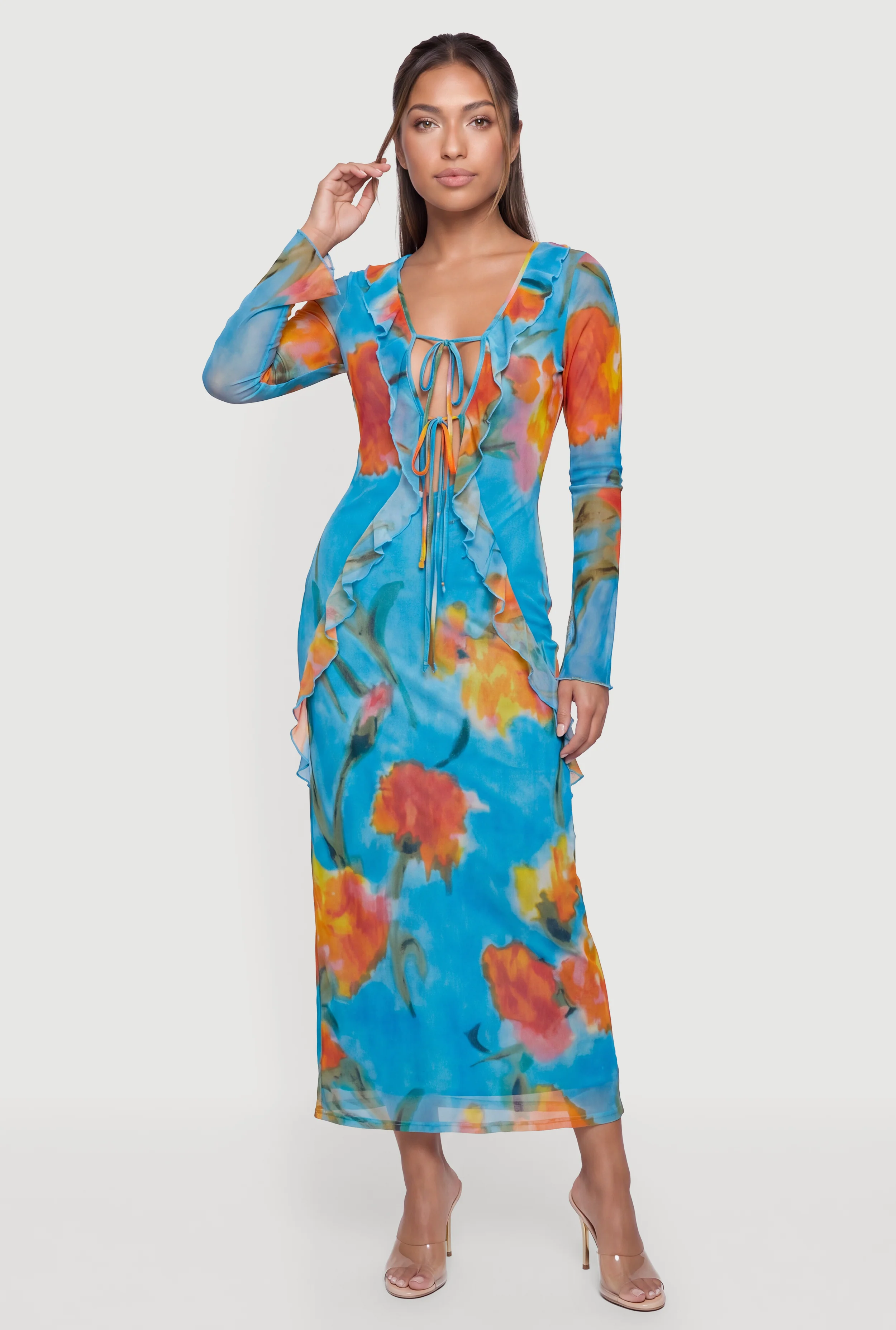 Floral Mesh Tie Front Maxi Dress