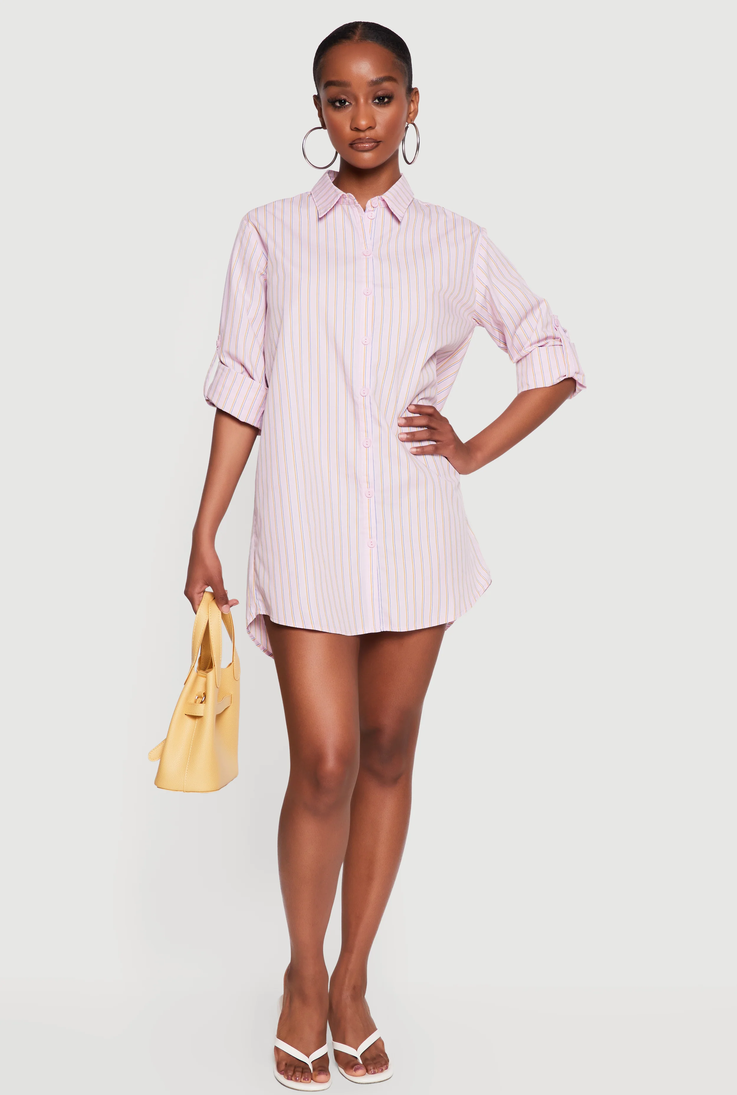 Striped Button Front Tab Sleeve Shirt Dress