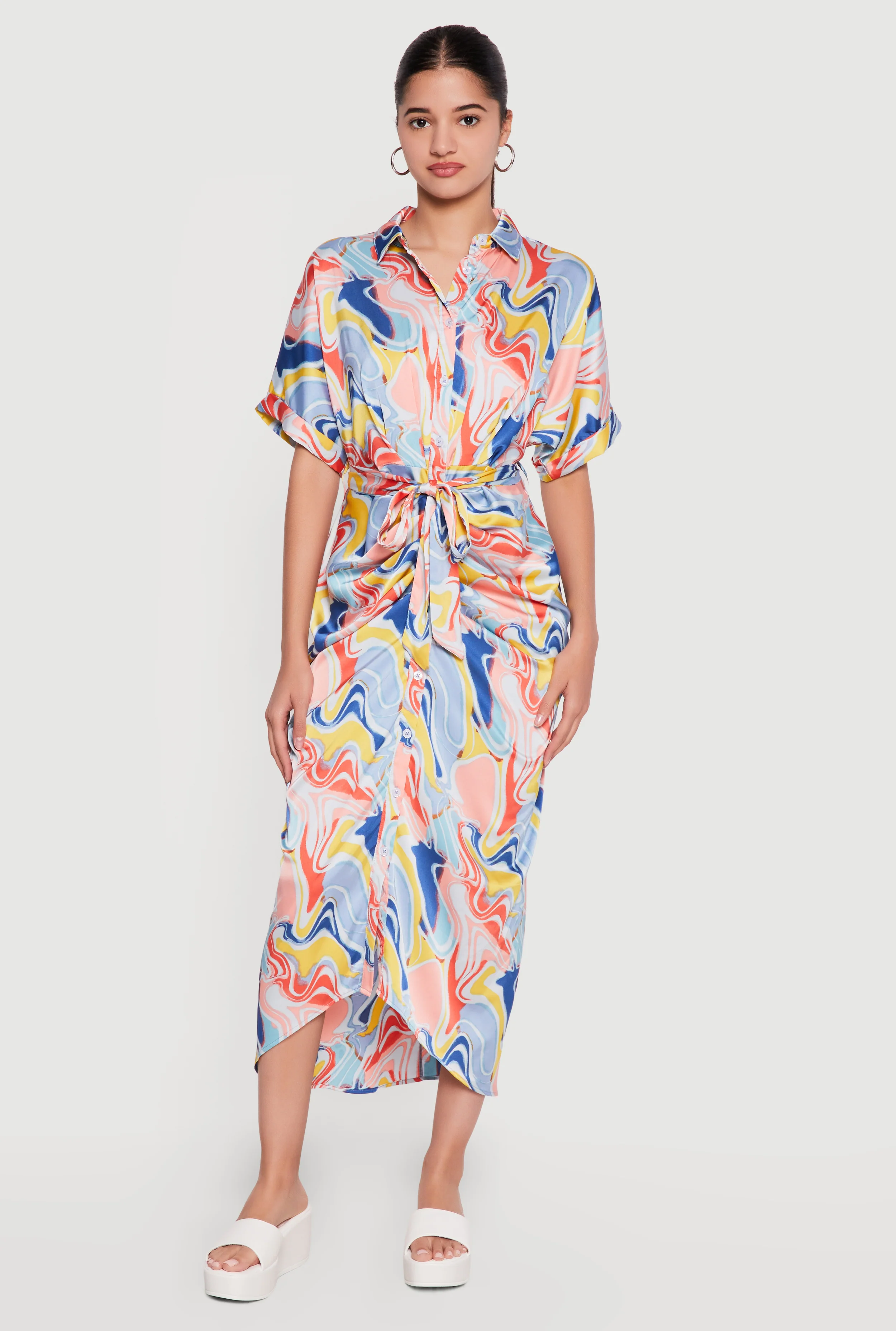 Satin Psychedelic Swirl Tie Waist Belted Shirt Dress
