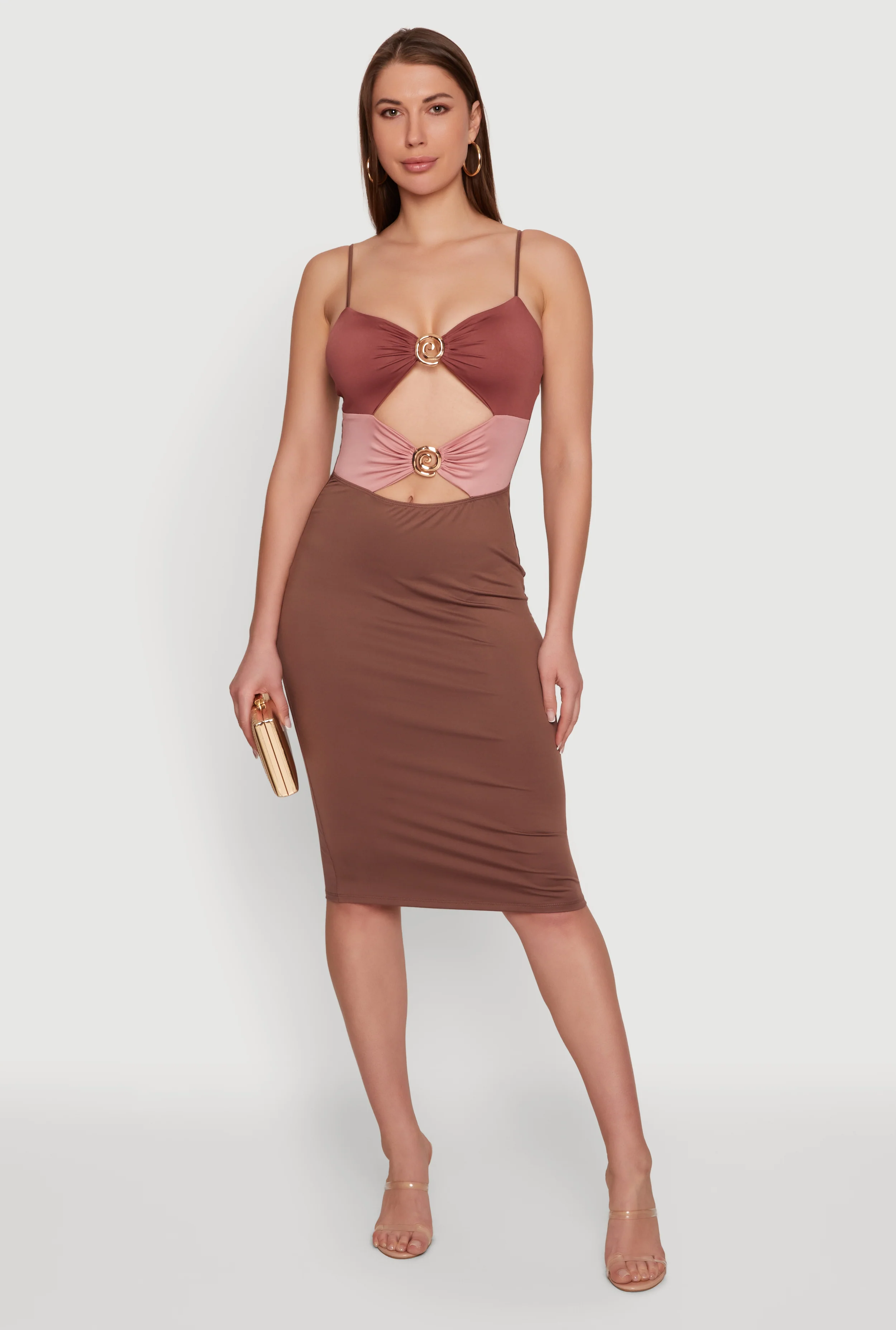 Metallic Swirl Detail Keyhole Front Cami Midi Dress