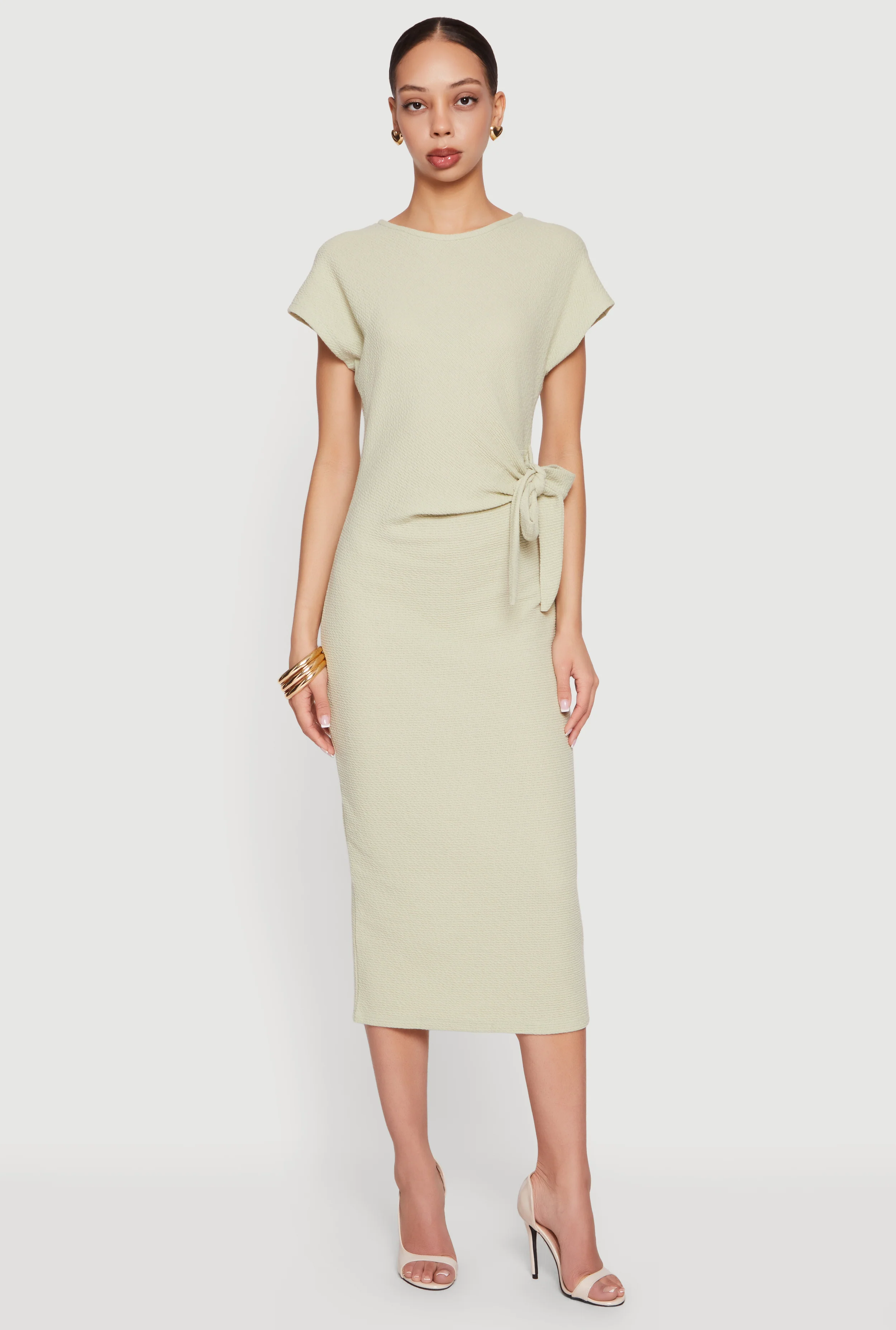 Textured Knit Asymmetrical Bow Side Midi Dress