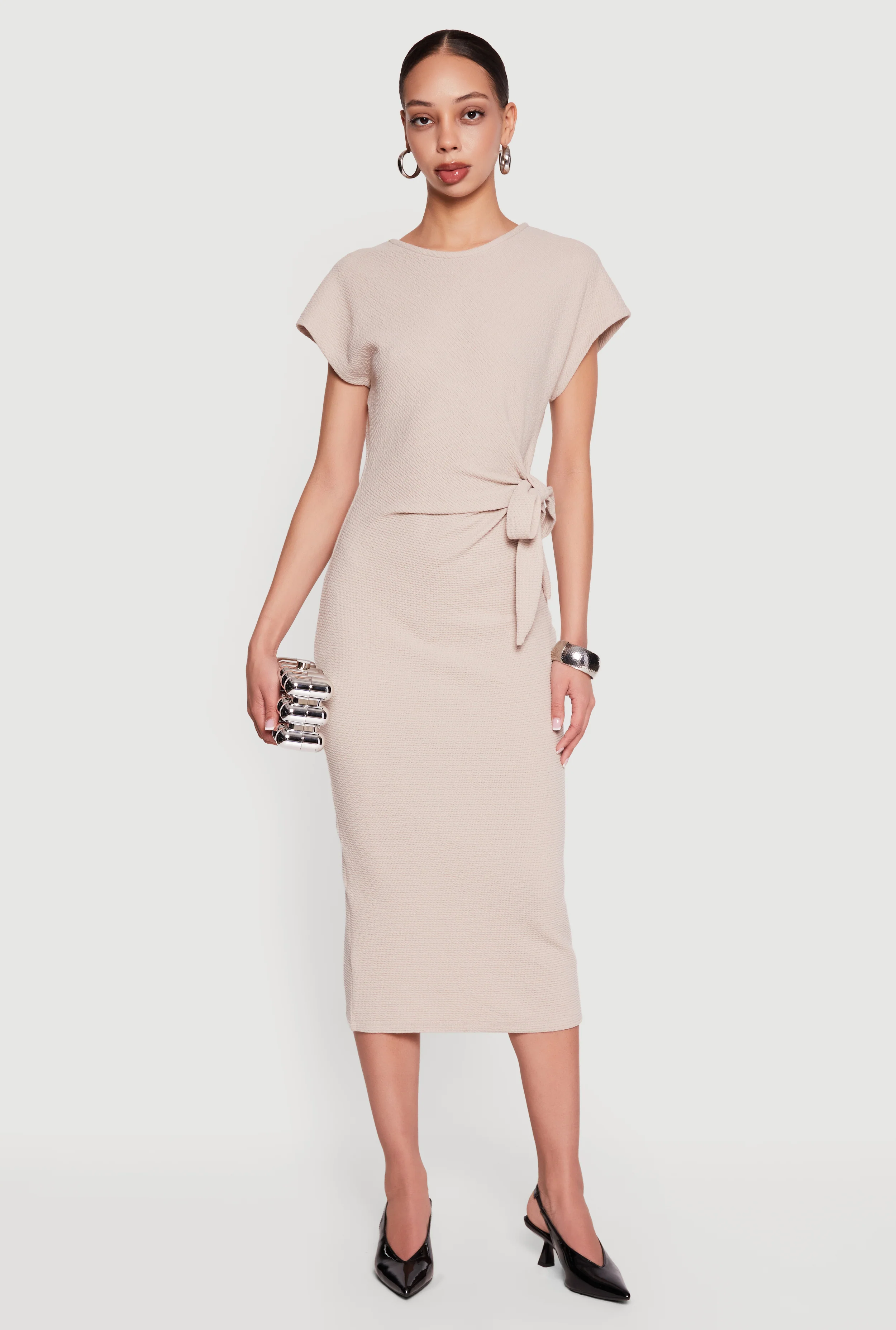 Textured Knit Asymmetrical Bow Side Midi Dress