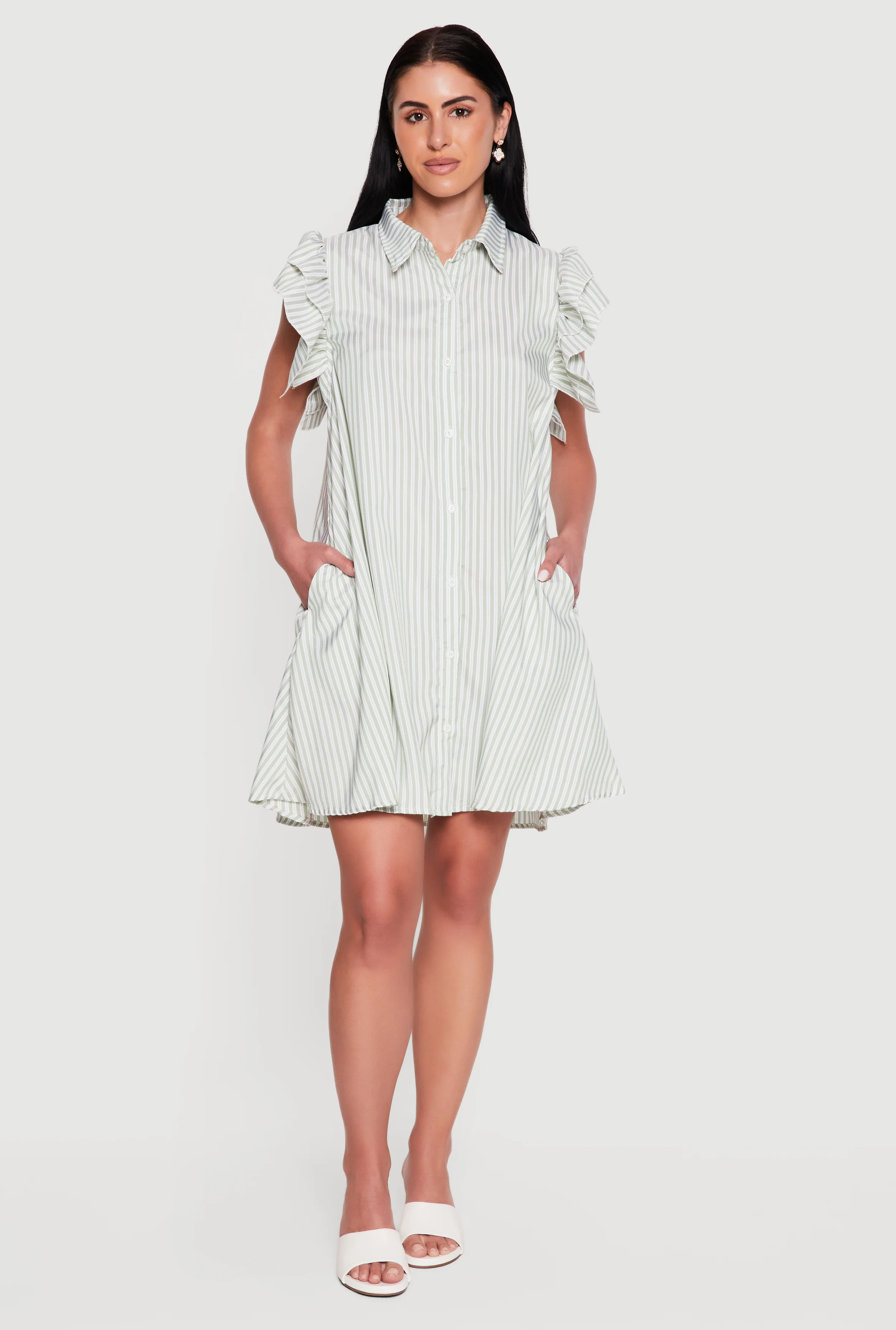 Pinstripe Tiered Ruffle Sleeve Shirt Dress