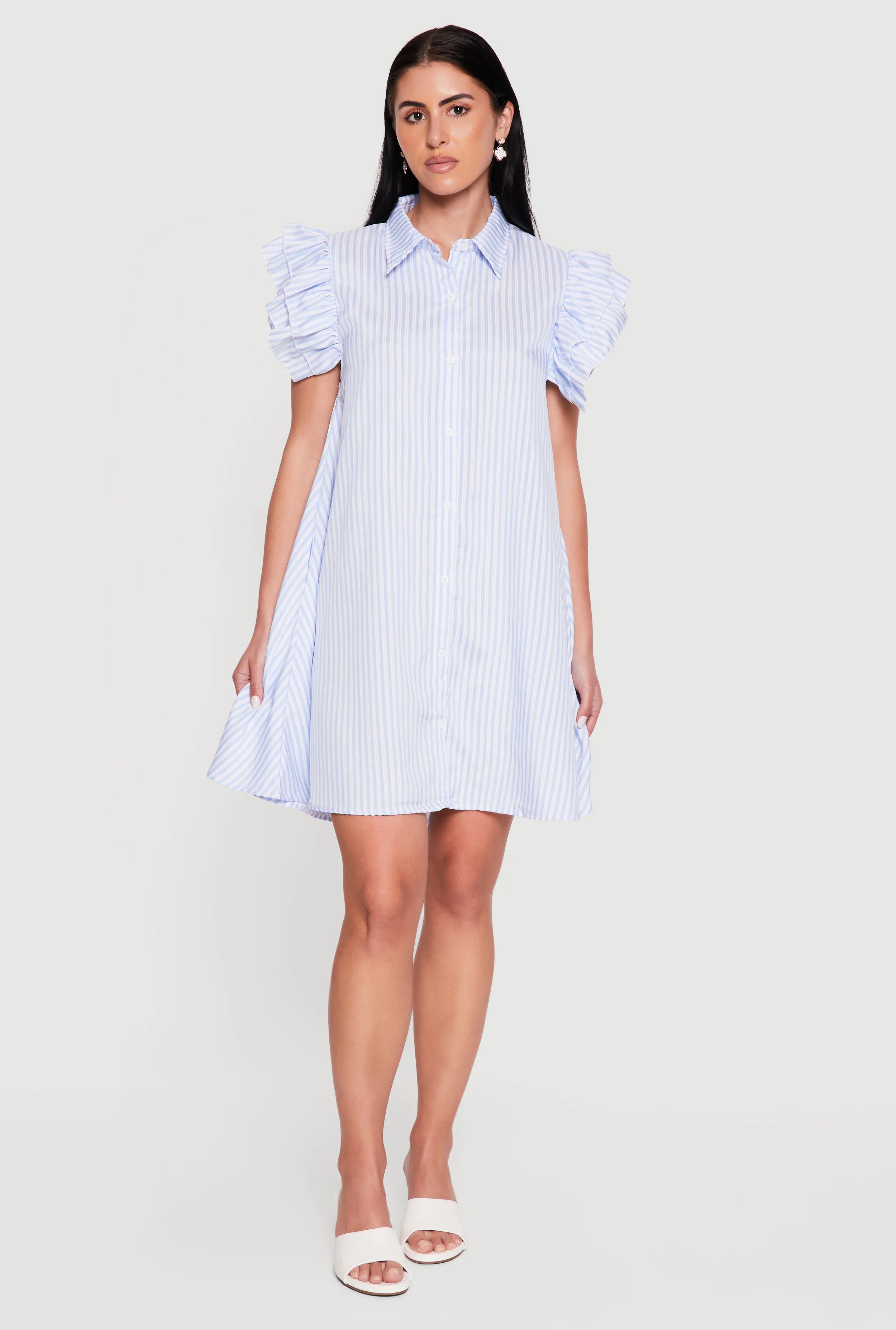 Pinstripe Tiered Ruffle Sleeve Shirt Dress