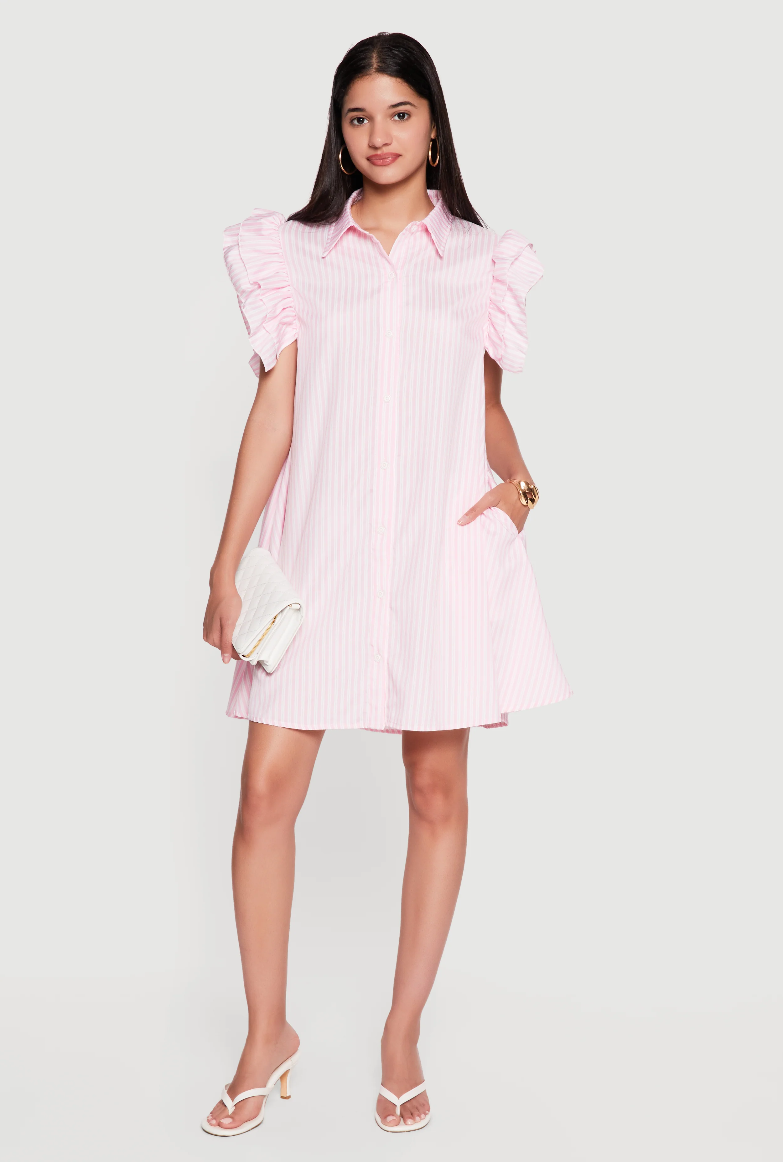 Pinstripe Tiered Ruffle Sleeve Shirt Dress