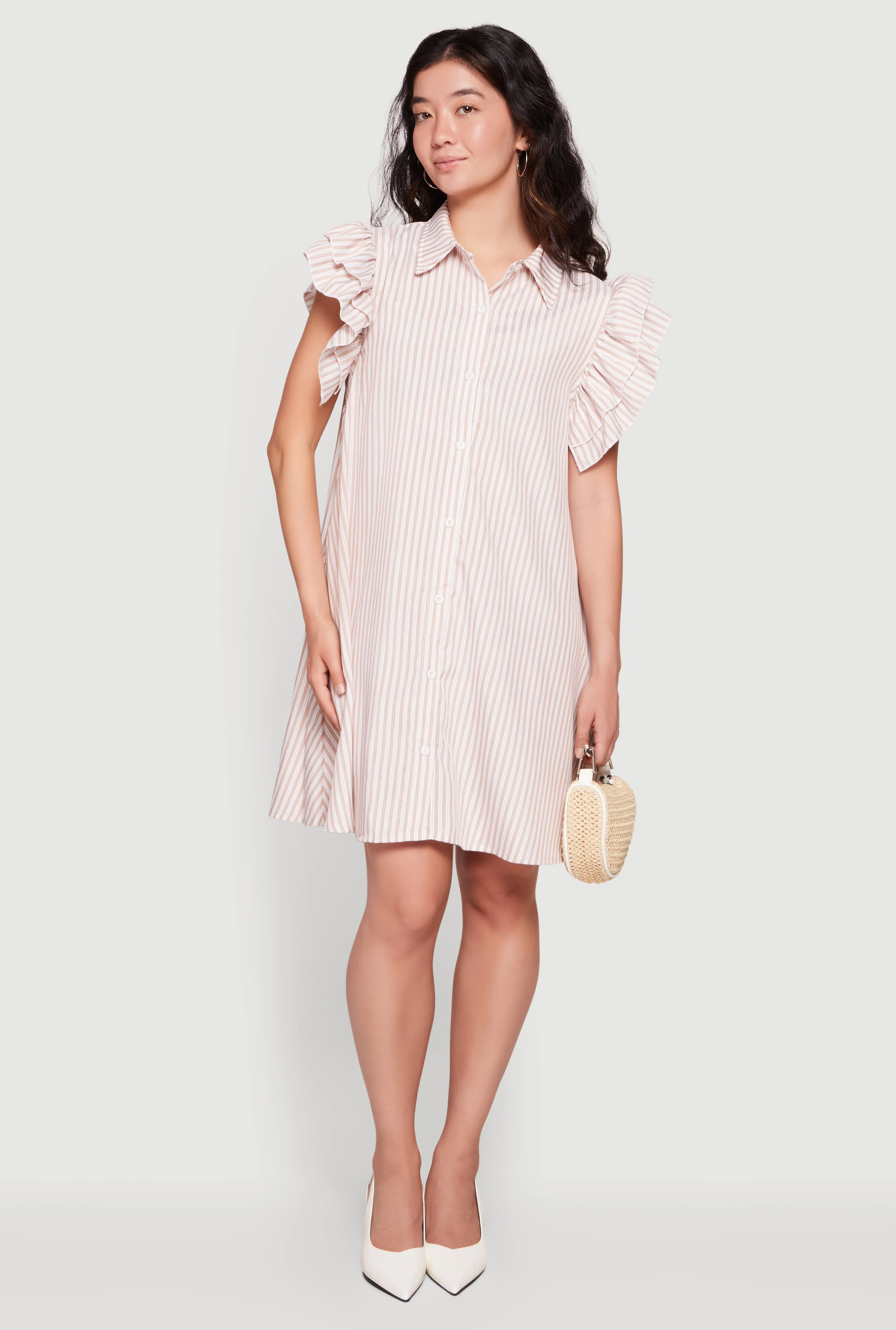 Pinstripe Tiered Ruffle Sleeve Shirt Dress