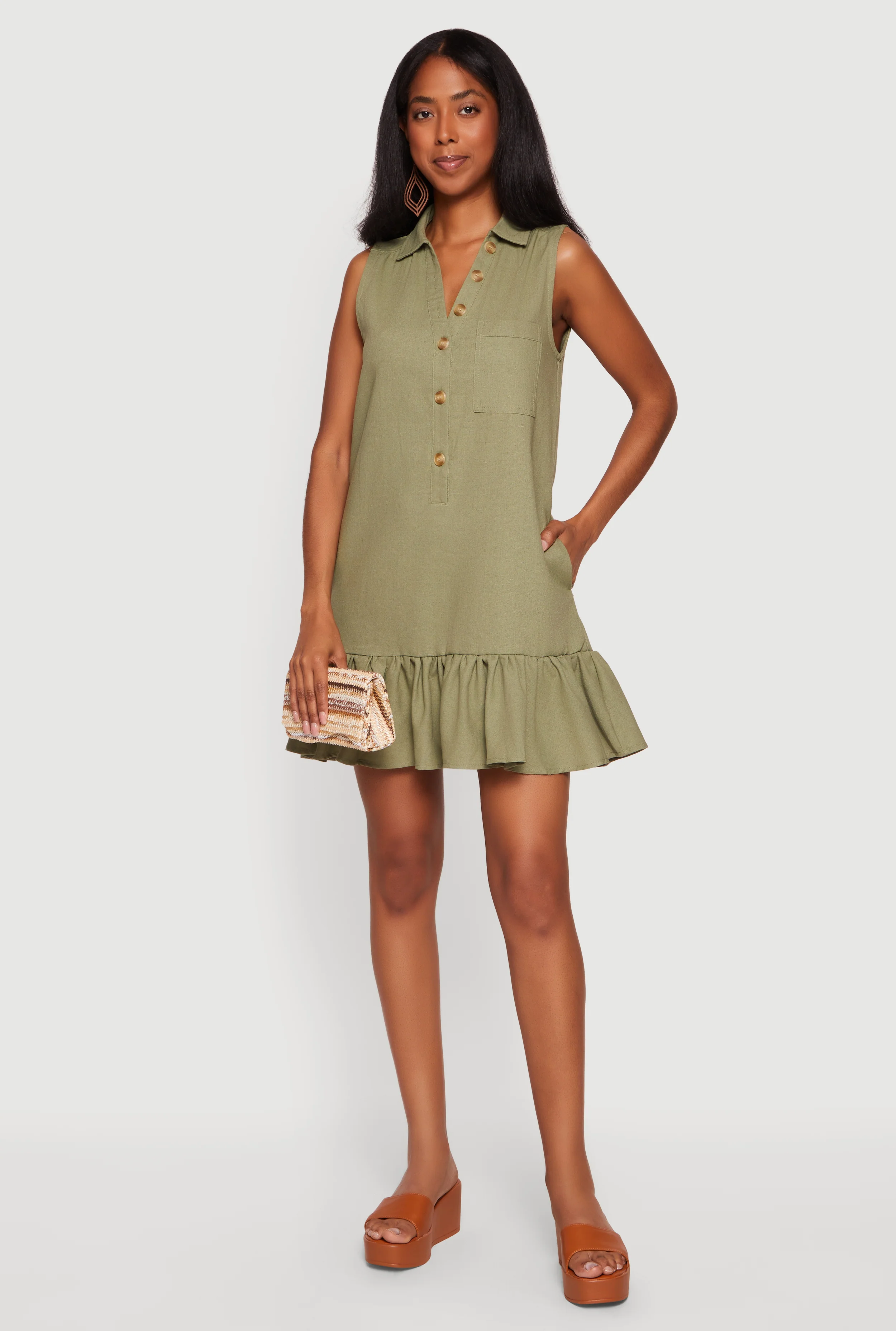 Linen Ruffle Hem Sleeveless Button Front Dress