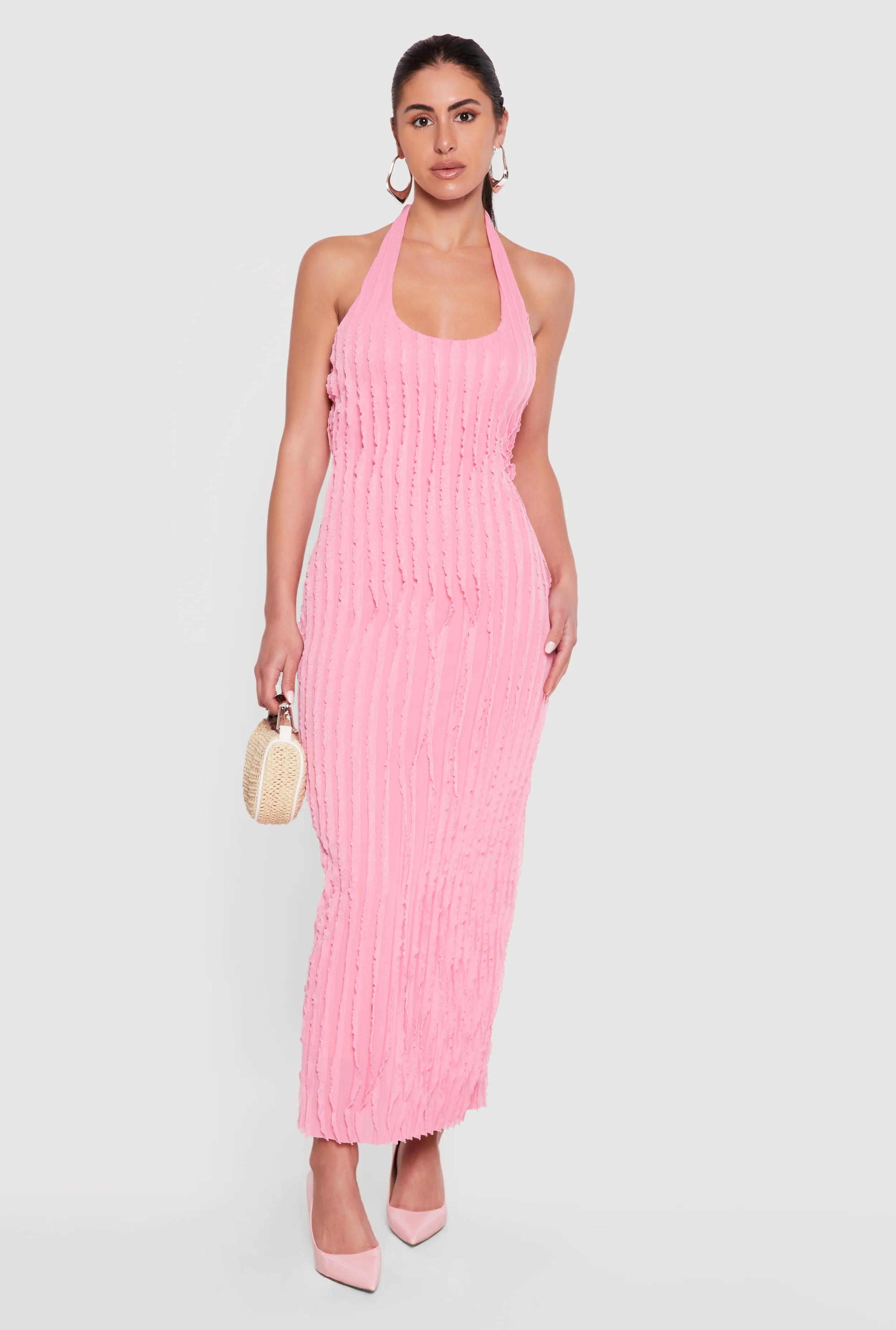 Textured Ruffle Halter Maxi Dress