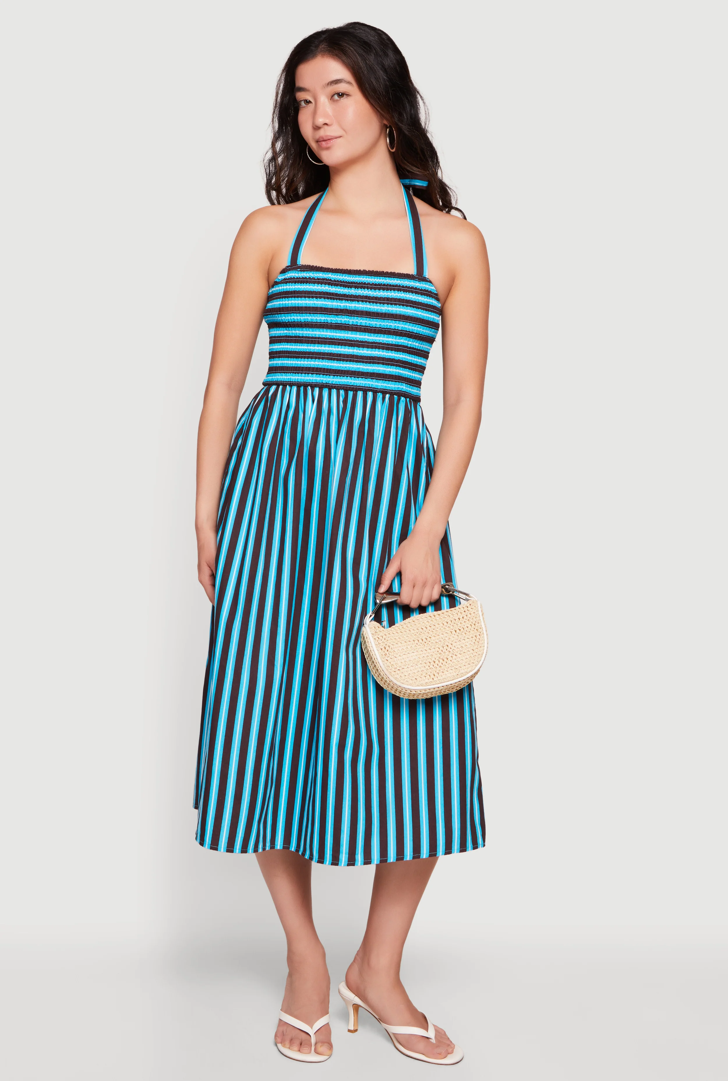 Striped Smocked Halter Midi Dress