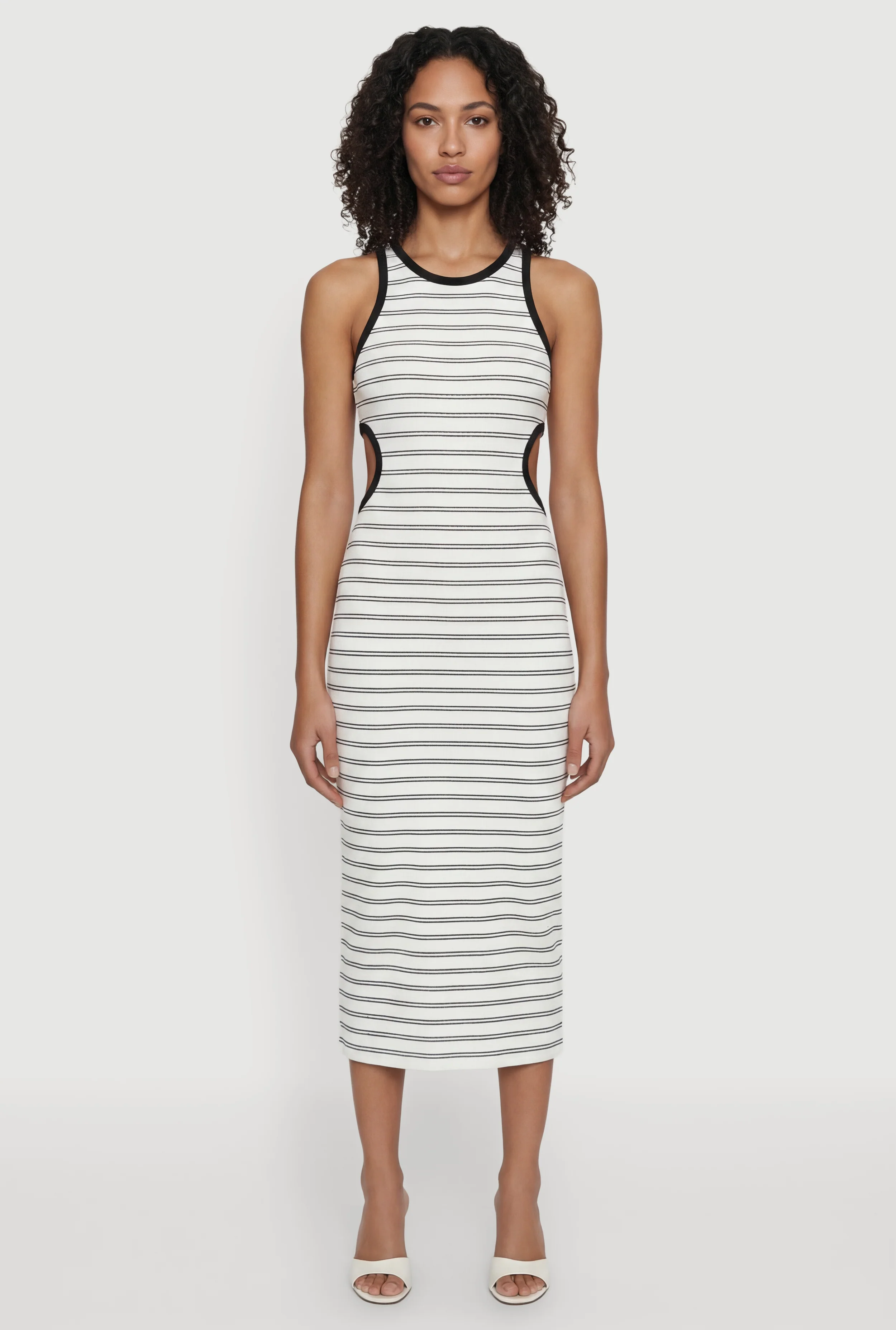 Sleeveless Keyhole Back Striped Midi Dress