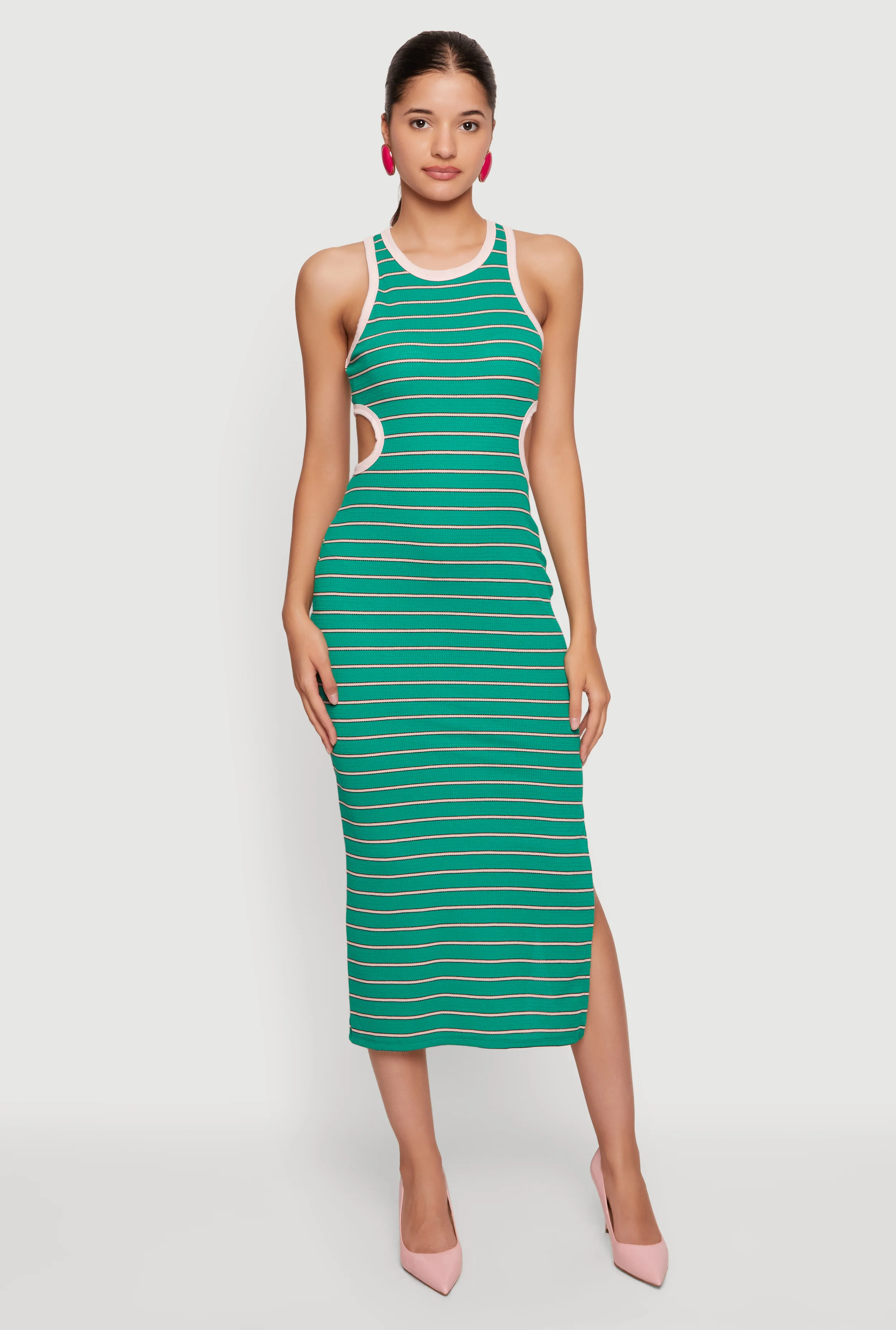 Sleeveless Keyhole Back Striped Midi Dress
