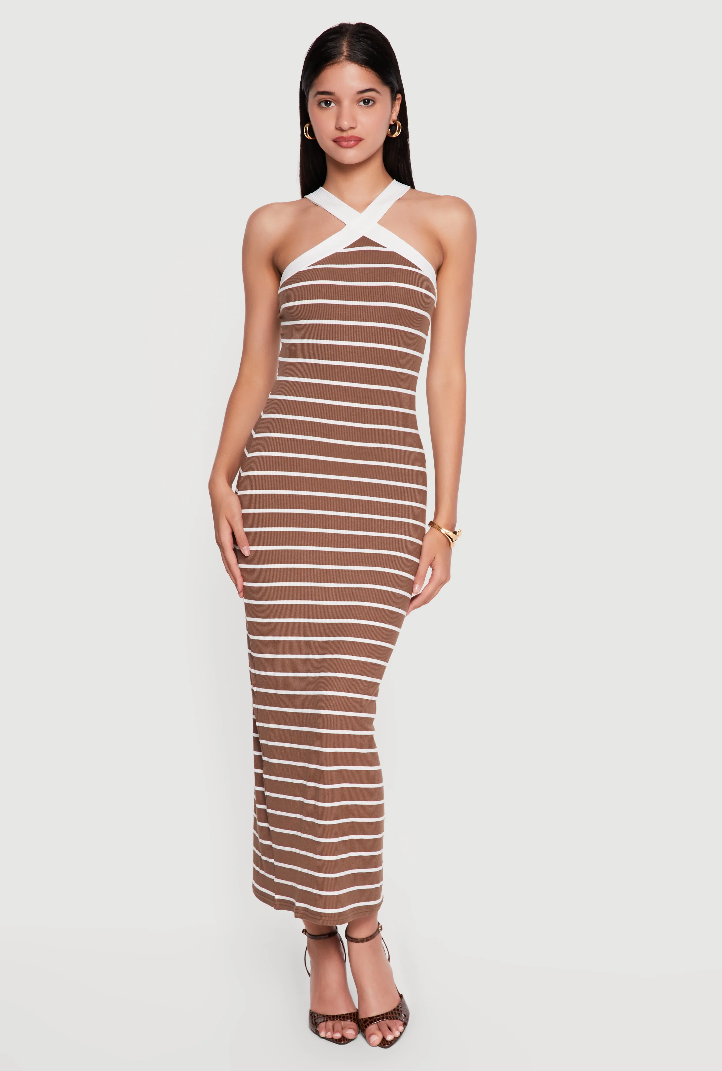 Striped Criss Cross Neckline Maxi Dress