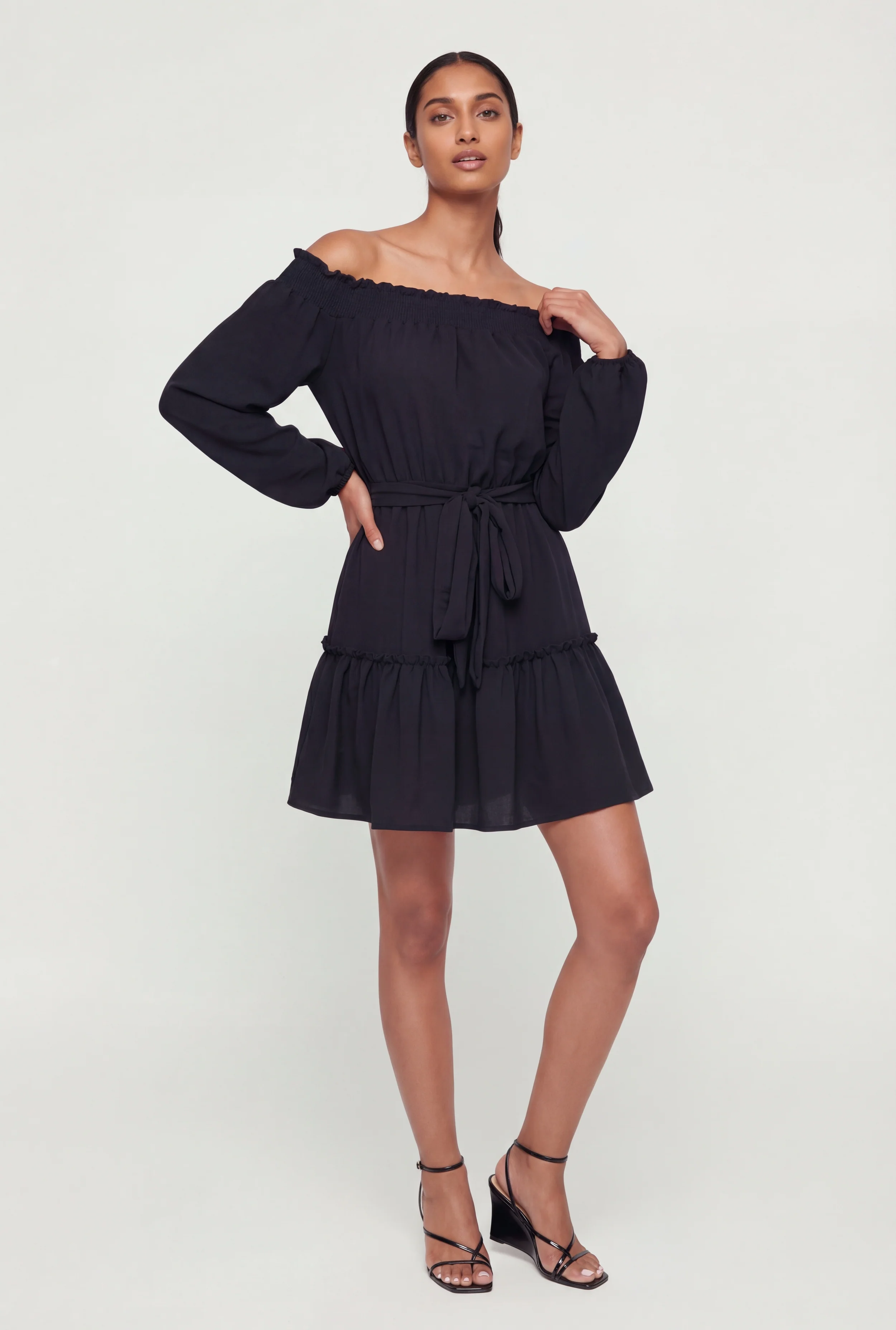 Crepe Knit Long Sleeve Tiered Off The Shoulder Dress
