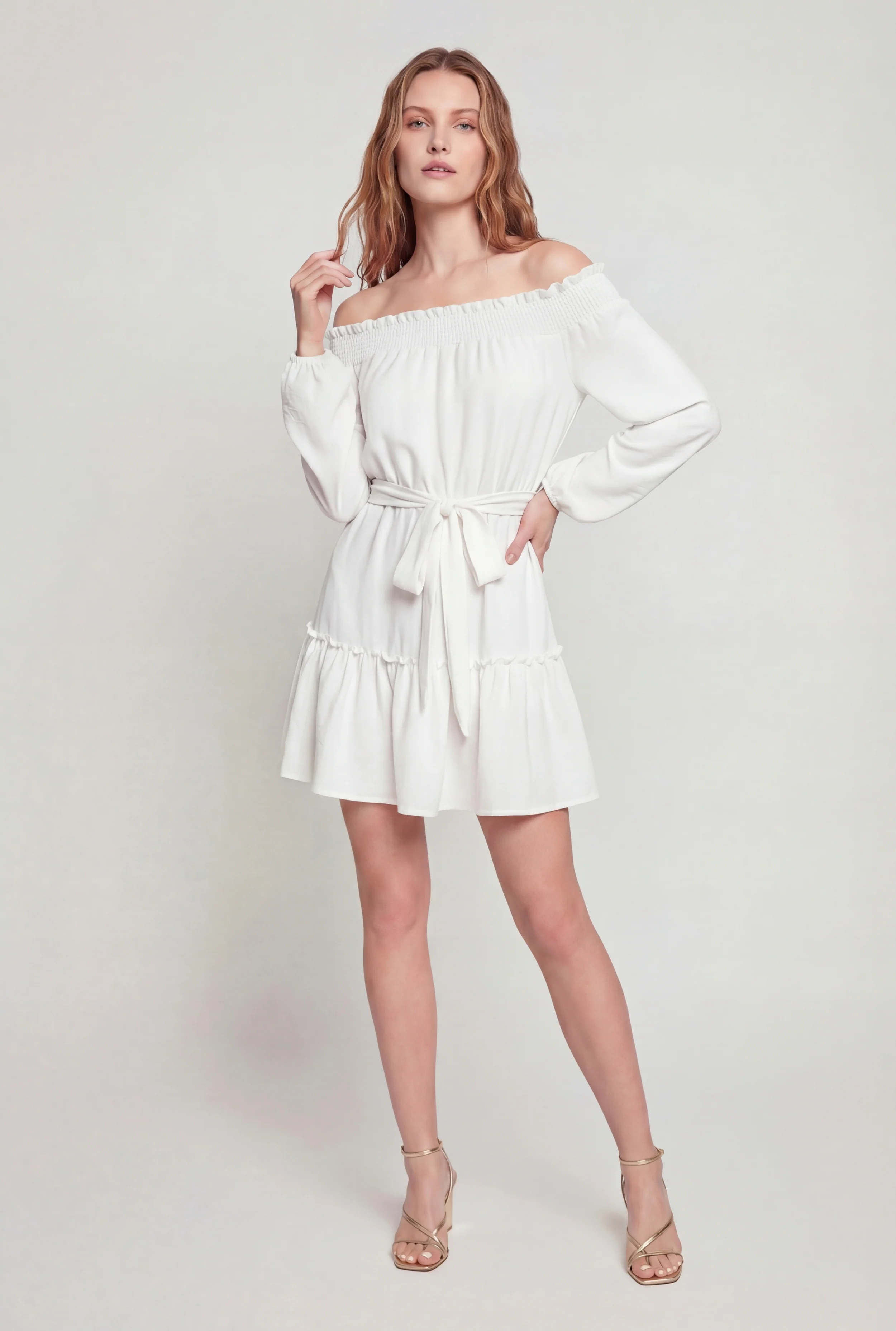 Crepe Knit Long Sleeve Tiered Off The Shoulder Dress