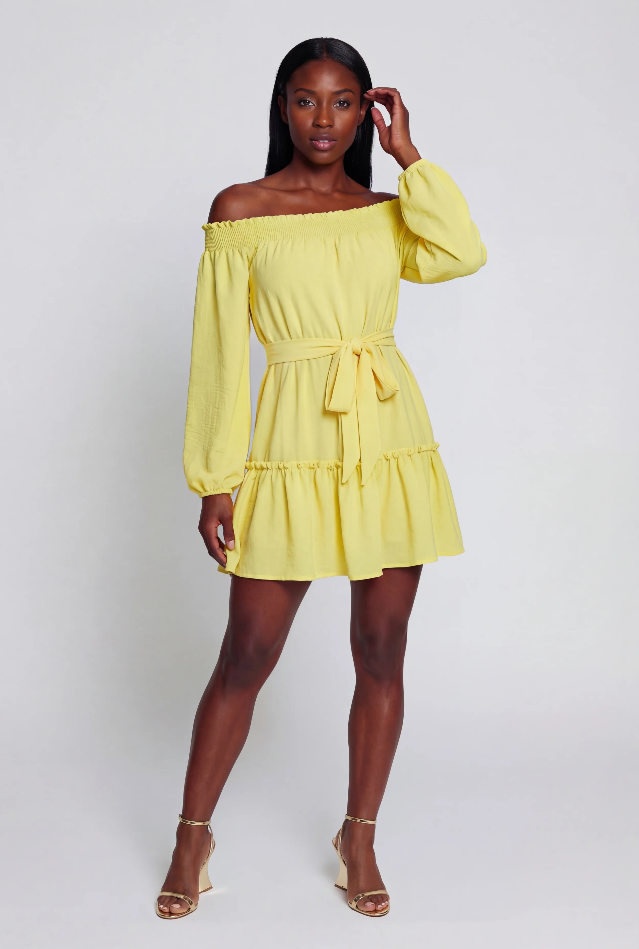 Crepe Knit Long Sleeve Tiered Off The Shoulder Dress