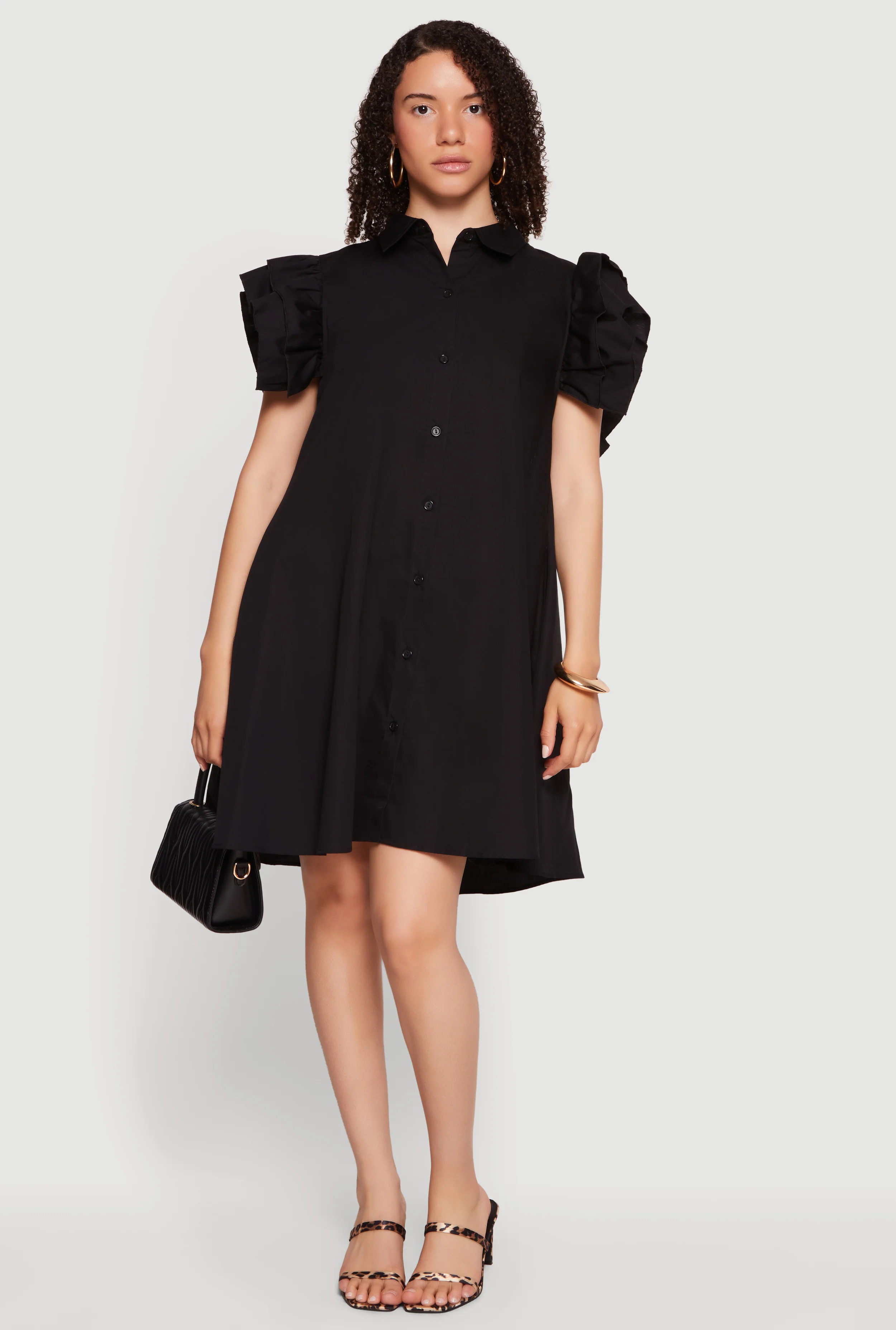 Tiered Ruffle Sleeve Poplin Button Front Dress