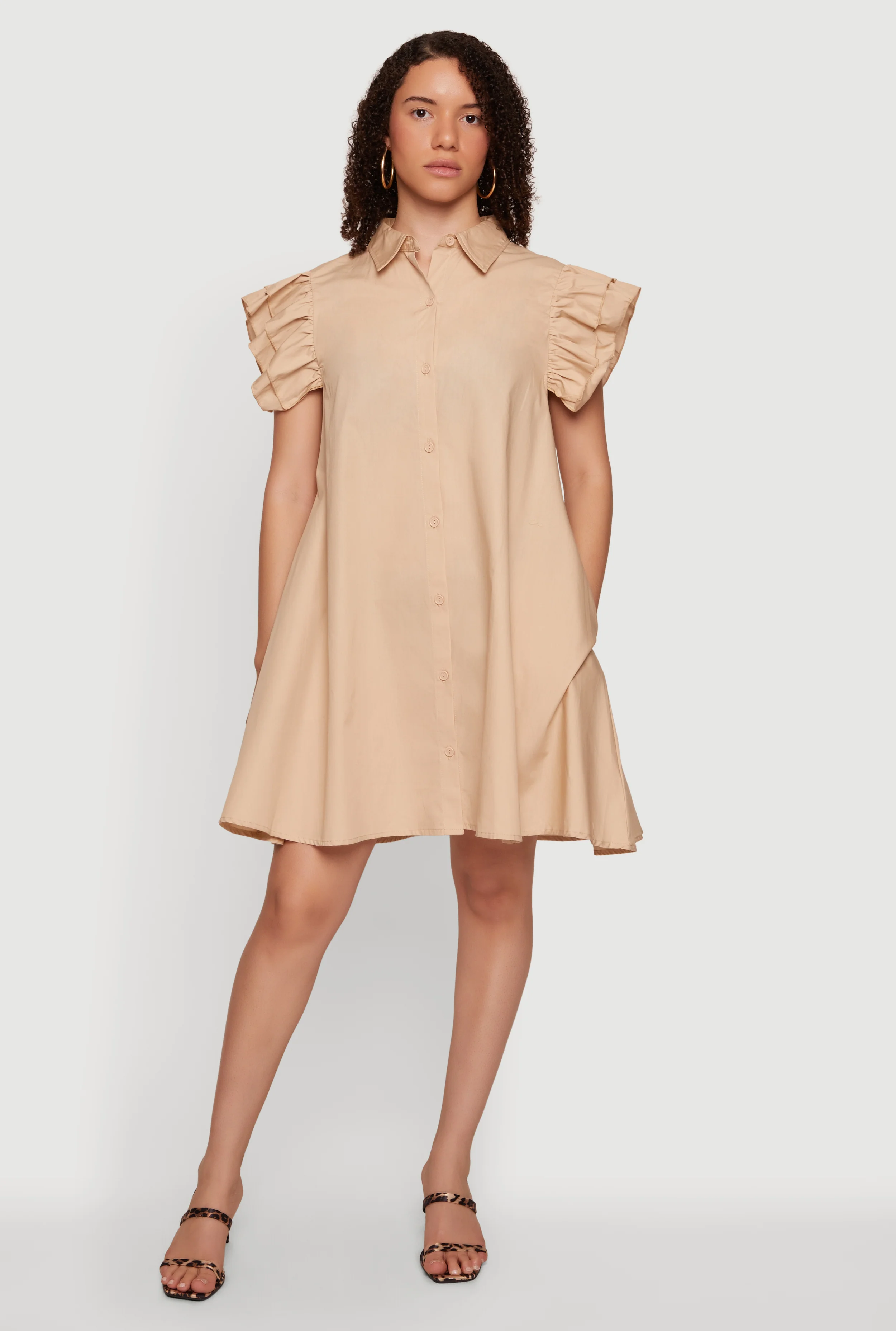 Tiered Ruffle Sleeve Poplin Button Front Dress