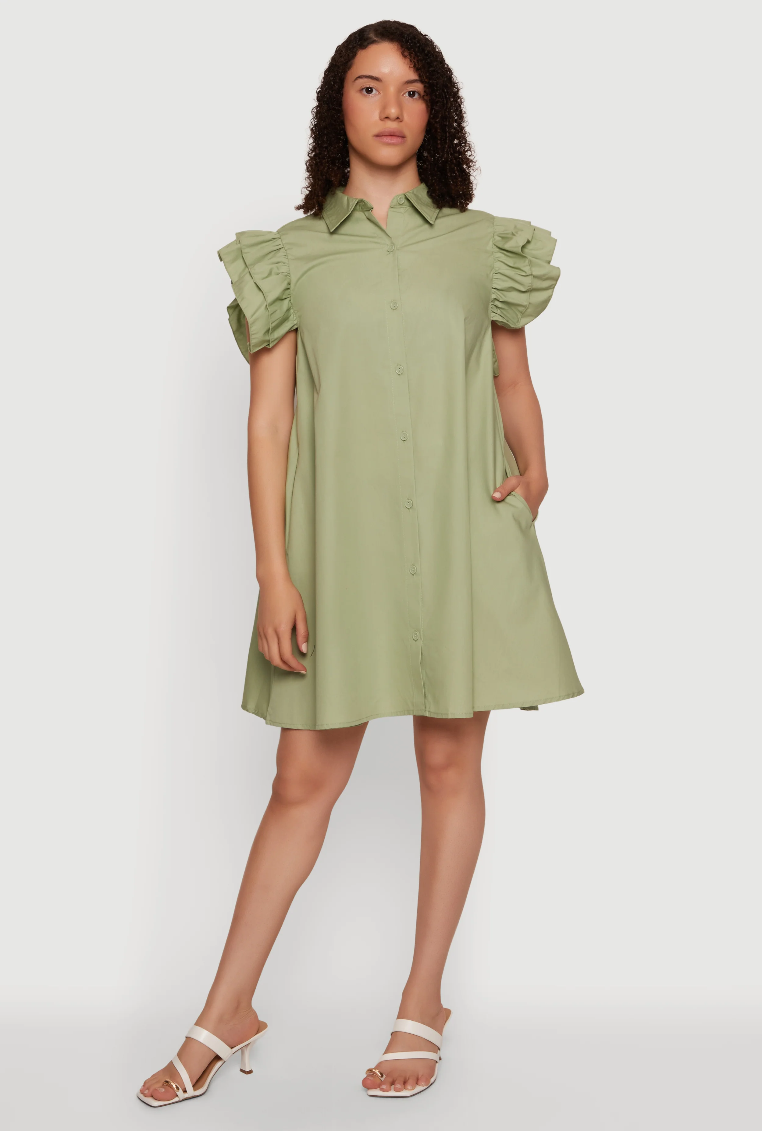 Tiered Ruffle Sleeve Poplin Button Front Dress