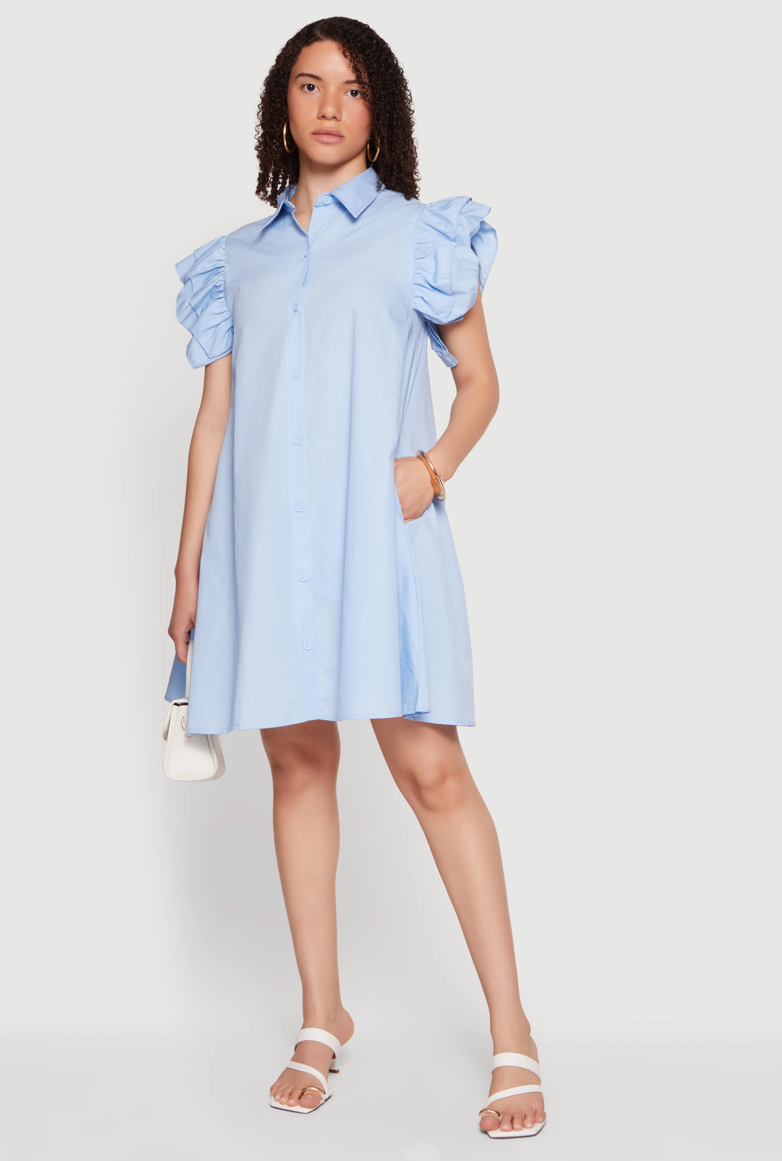 Tiered Ruffle Sleeve Poplin Button Front Dress
