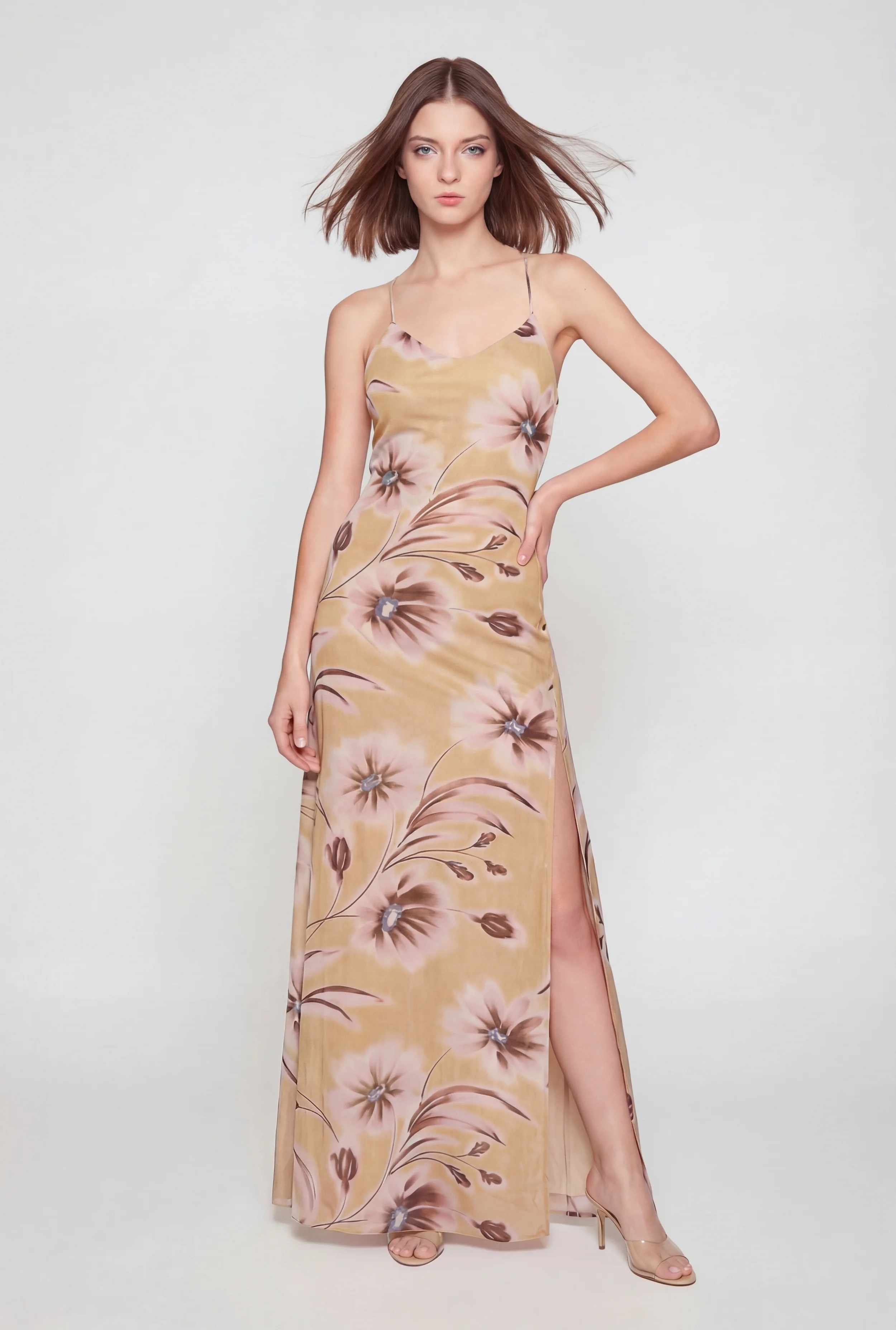 Patterned Side Slit Open Back Maxi Dress