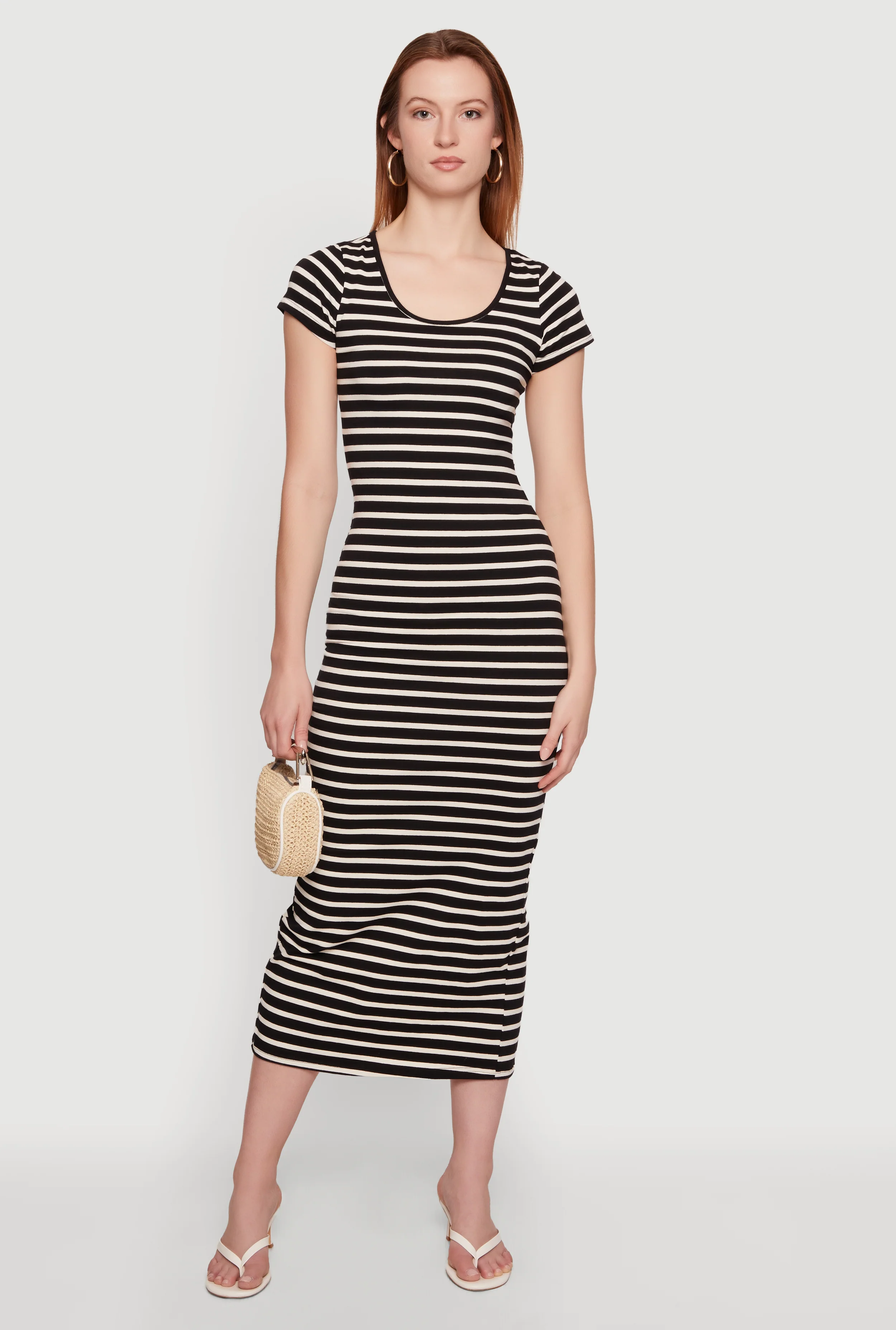 Striped Scoop Neck Back Slit Midi Dress