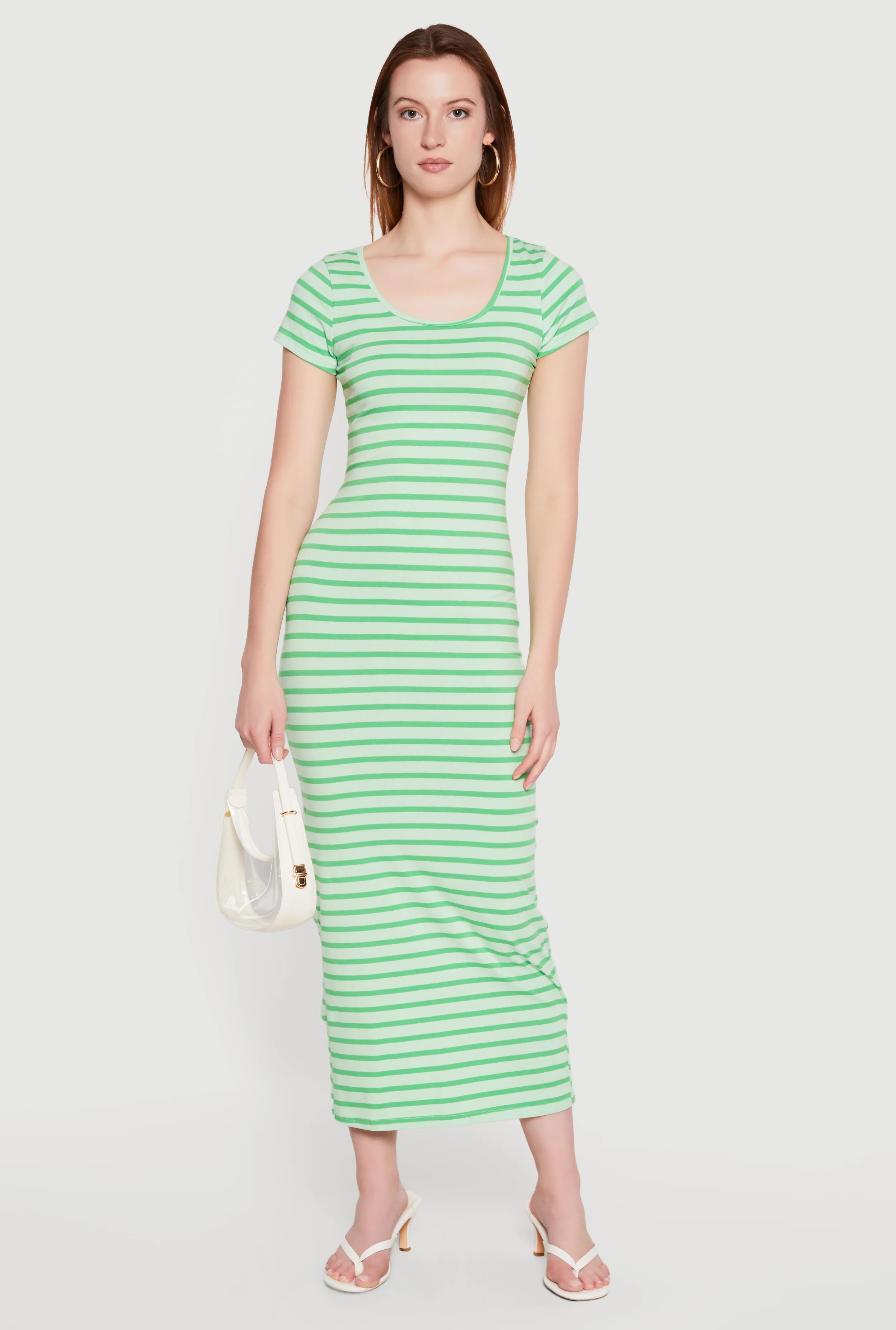 Striped Scoop Neck Back Slit Midi Dress