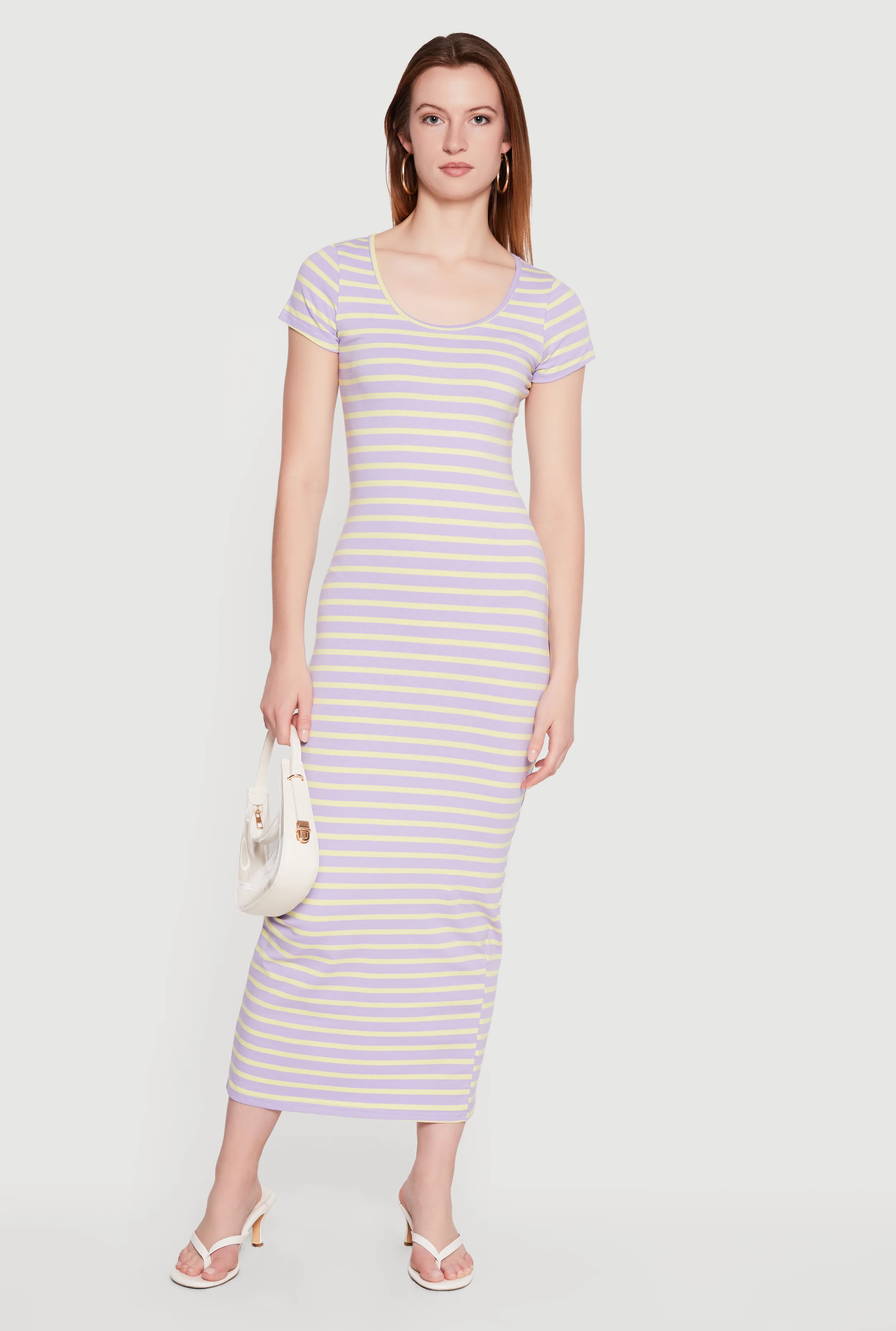 Striped Scoop Neck Back Slit Midi Dress