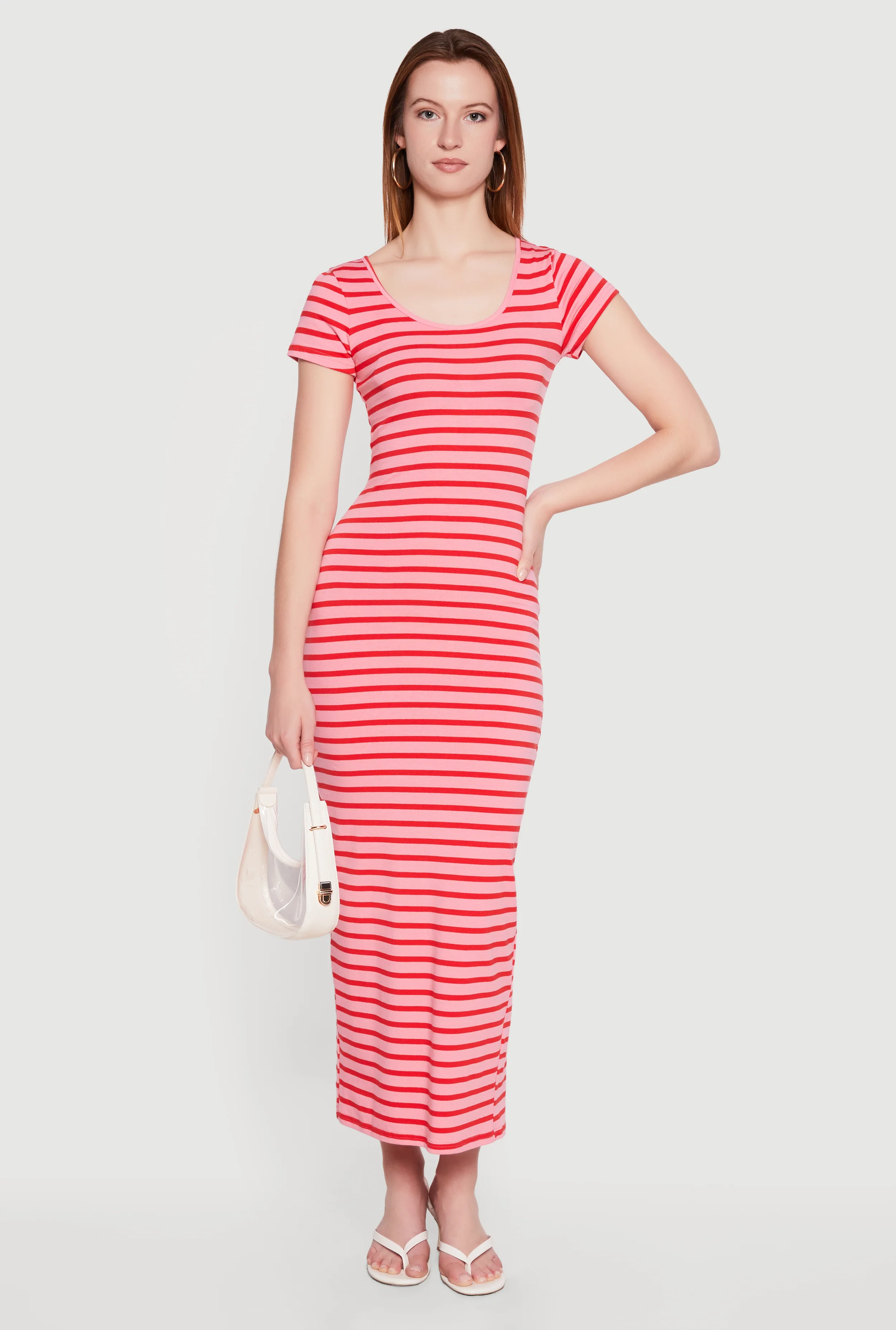 Striped Scoop Neck Back Slit Midi Dress